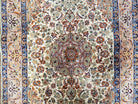 Vintage Persian Isfahan Lachak Toranj Rug, Highly Detailed, Kork Wool on Silk Foundation, Beige and Dark Blue, Hand-Knotted, 3'6" x 5' 4" - Jewel Rugs