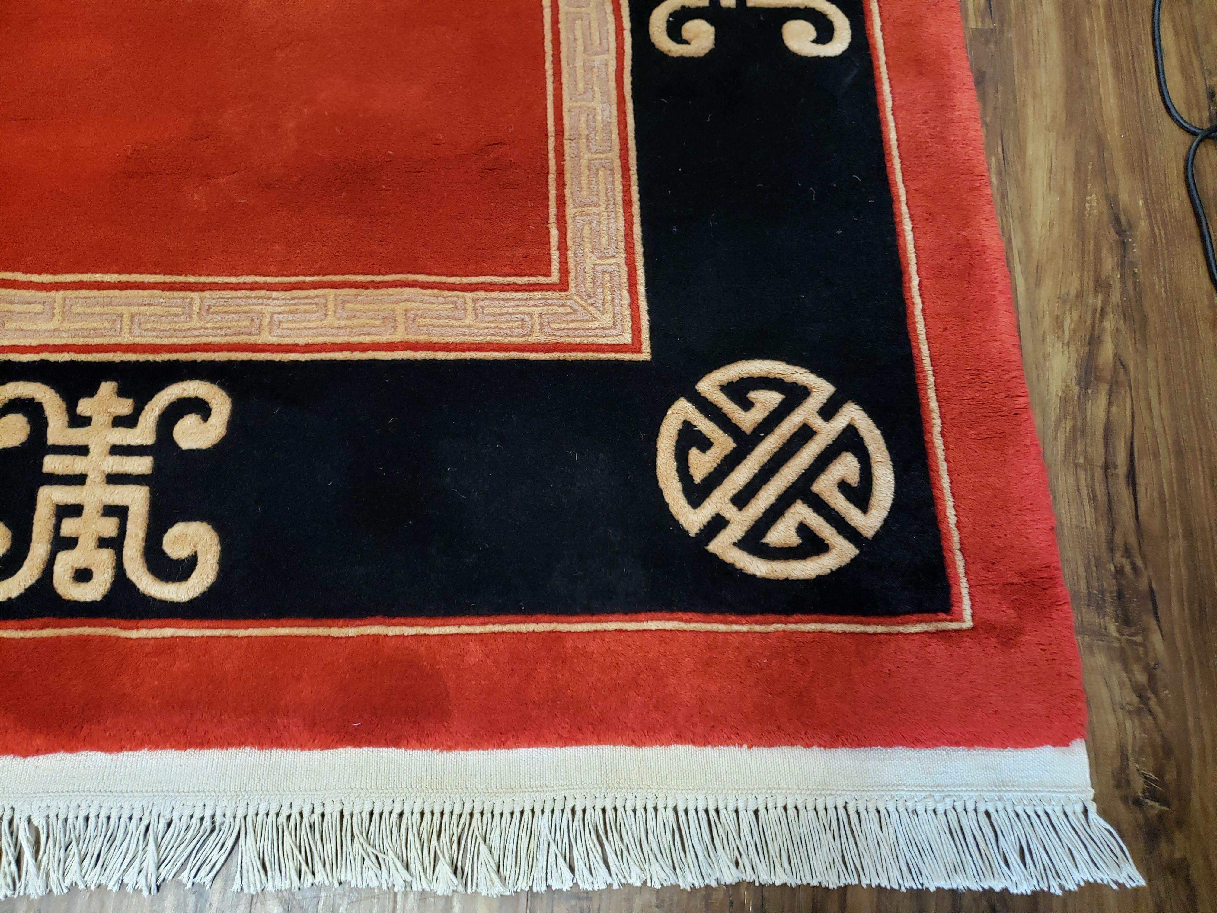 Vintage Chinese Art Deco Rug 8x11, Red & Black Asian Style Carpet, Wool Hand-Knotted Area Rug, 8 x 11 Bedroom Living Room Rug, Plush Rug - Jewel Rugs