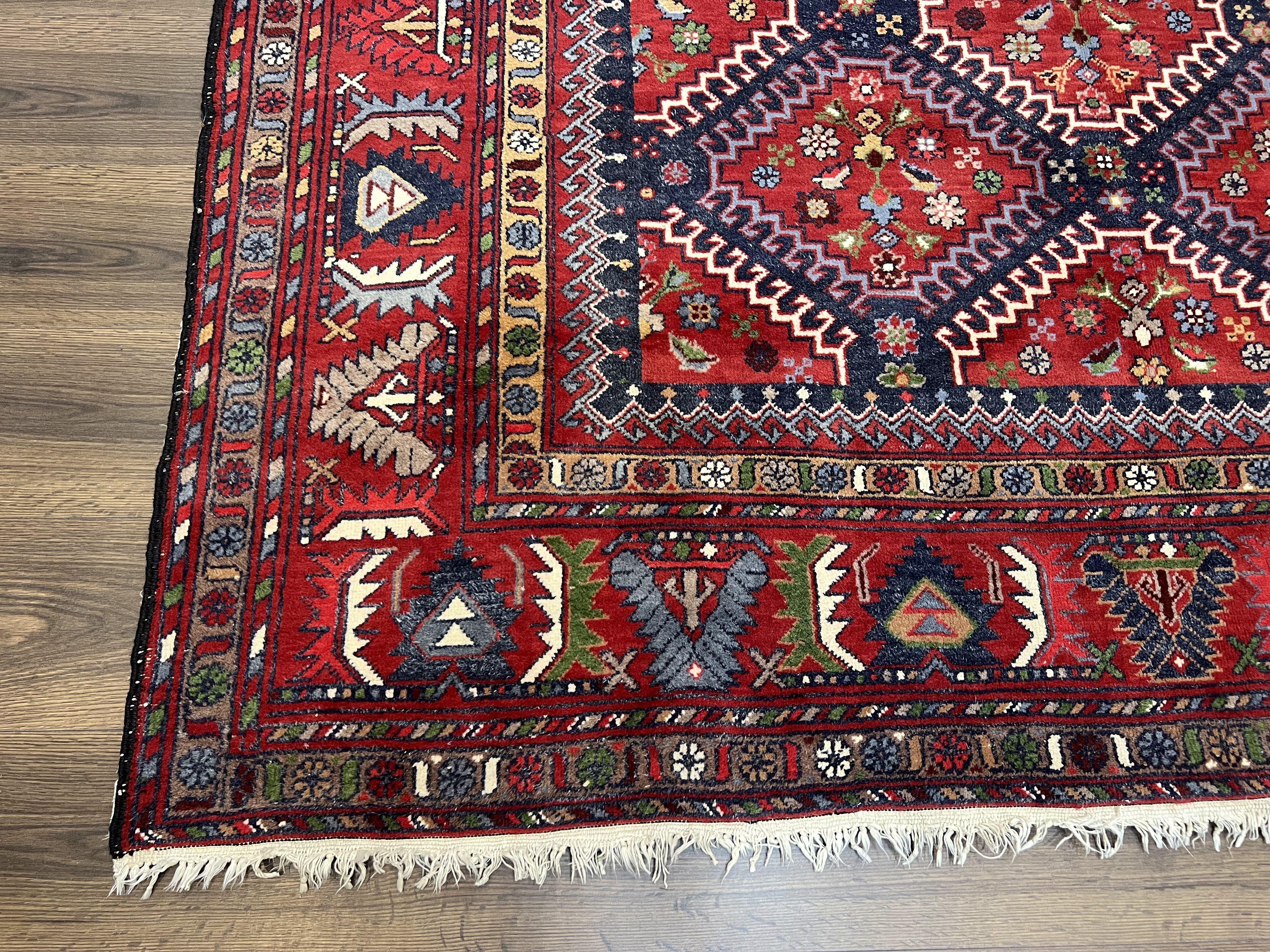 Wonderful Persian Rug 7x10, Persian Shiraz Yalameh Tribal Rug 7 x 10, Semi Antique Colorful Persian Carpet, Geometric Diamond, Handmade Wool, Red Navy Blue - Jewel Rugs