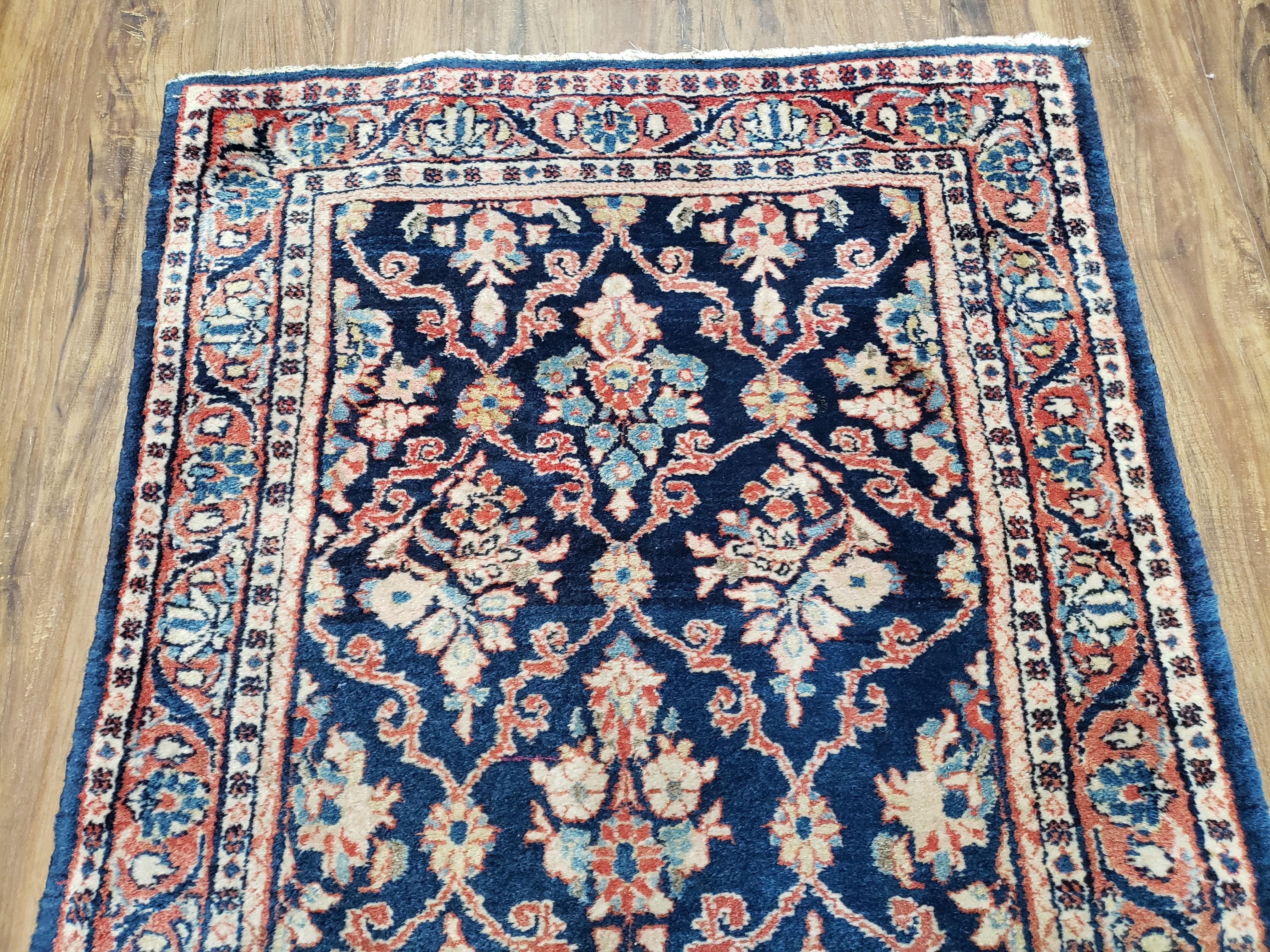 Antique Dark Blue Persian Sarouk Runner, Hand-knotted, Wool, 2'4" x 9' 3" - Jewel Rugs