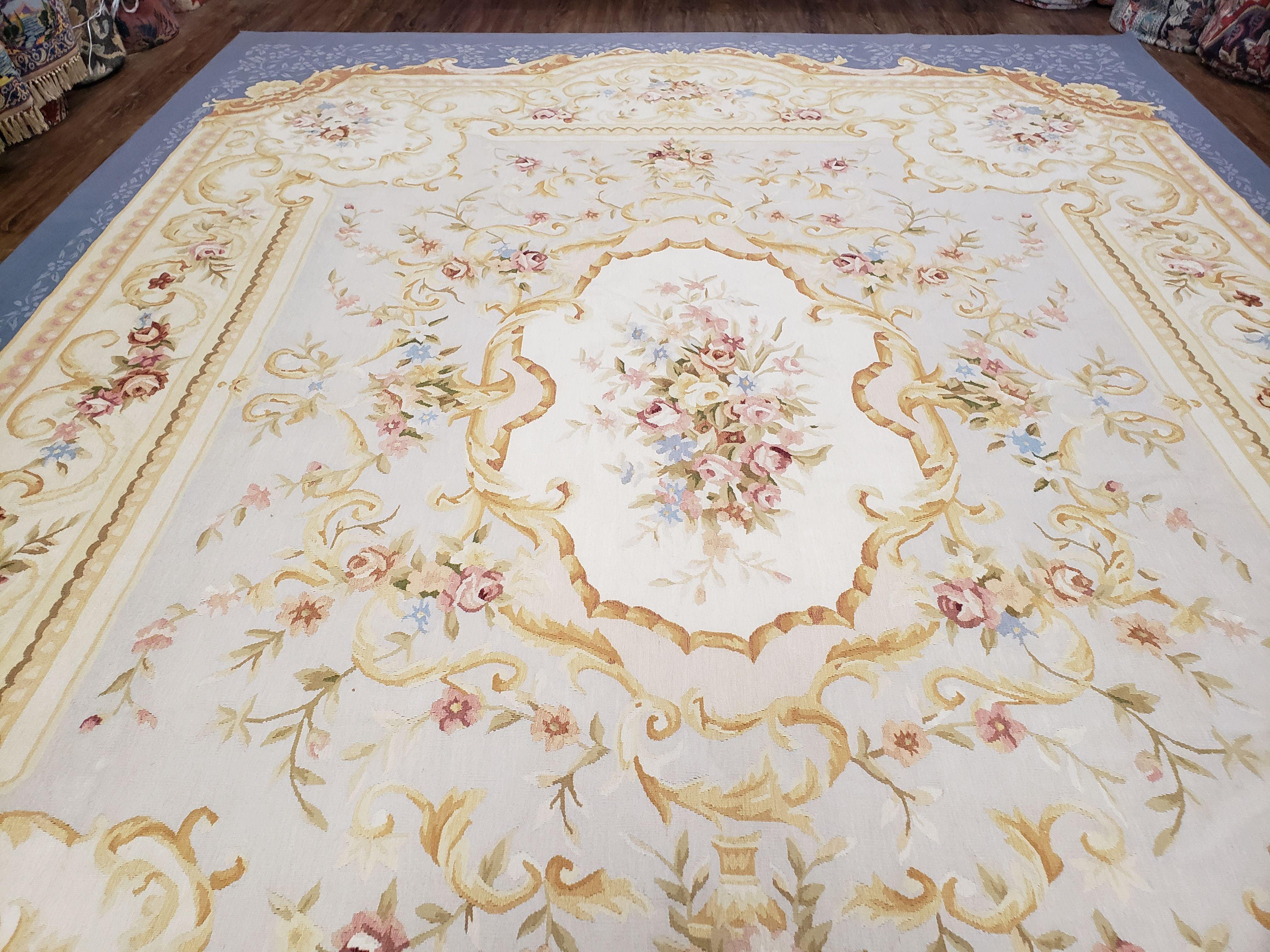 Vintage Aubusson Savonnerie Rug 9x12, Blue Flatweave Chinese Aubusson Rug 9 x 12, Elegant French European Style Blue & Light Blue Ivory Wool - Jewel Rugs