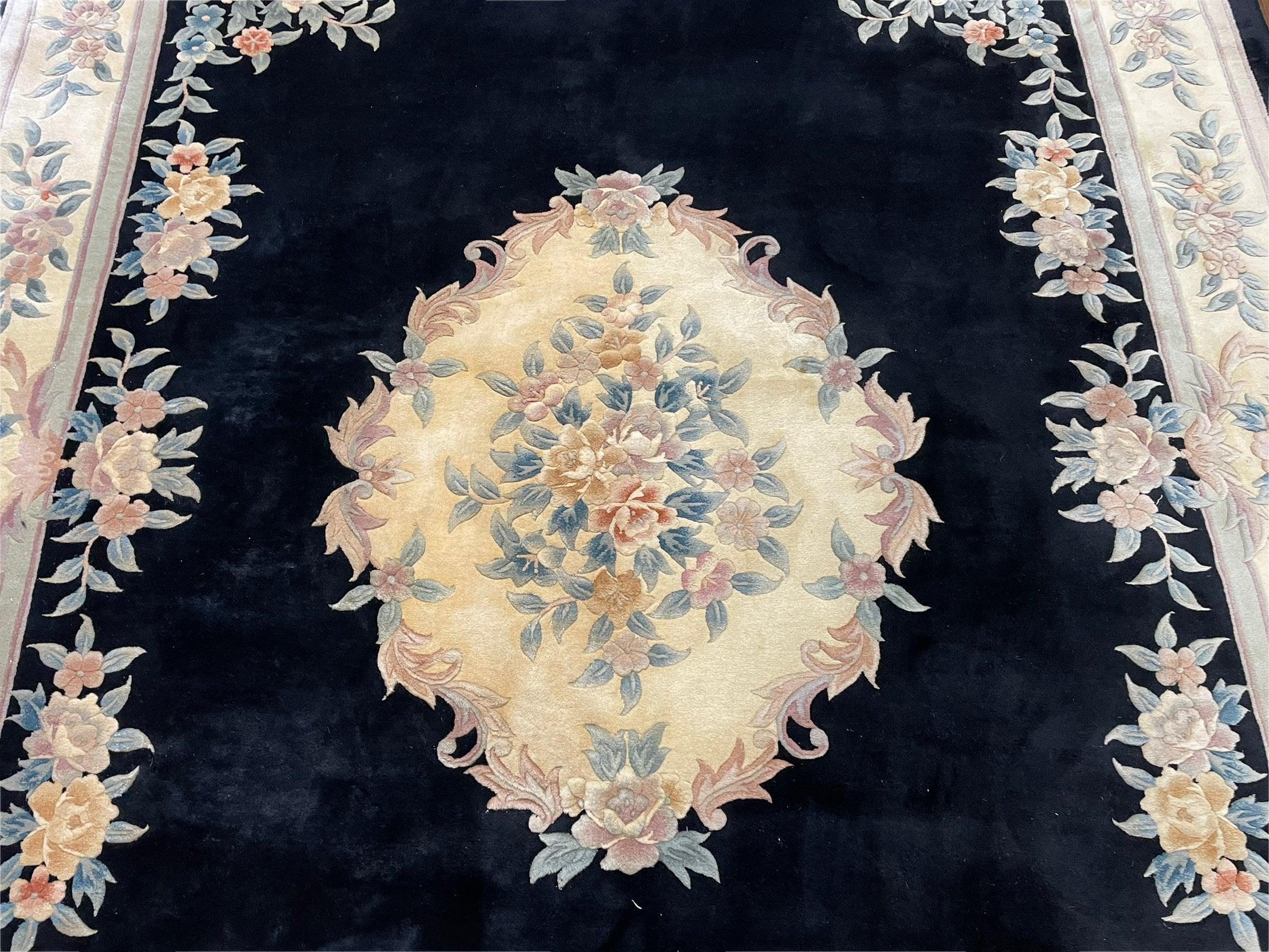 9x12 Chinese Aubusson Rug, 9 x 12 Plush Chinese Rug, 12x9 Floral Chinese Rug, 90 Line Carpet, Art Deco Rug Peking Rug Vintage Wool Black Rug - Jewel Rugs