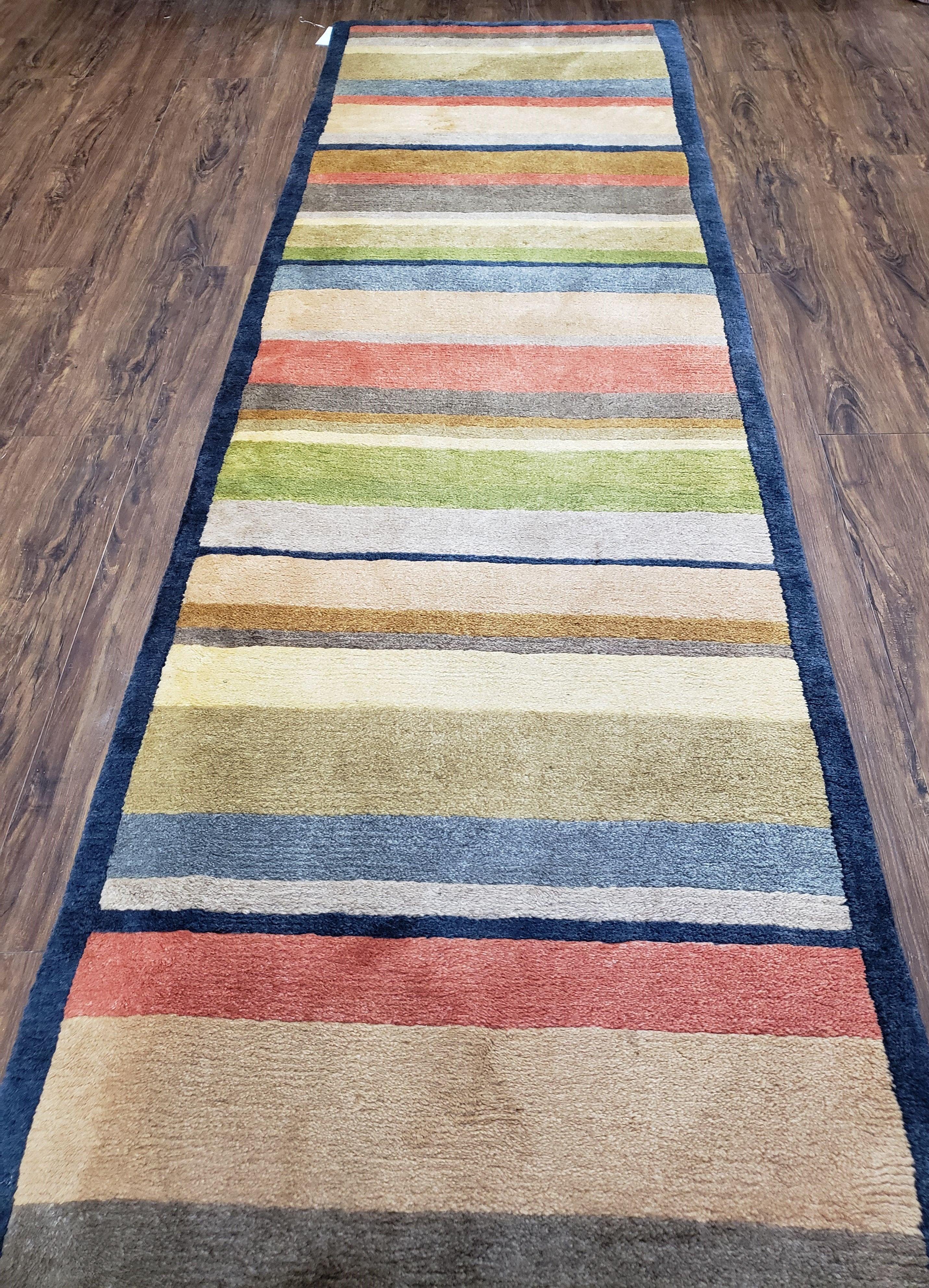 Colorful Tibetan Runner Rug, 2'7" x 11' 9", Striped Runner, Soft Wool Pile, Plush, Hand-Knotted, Multicolor, 12 ft Runner - Jewel Rugs