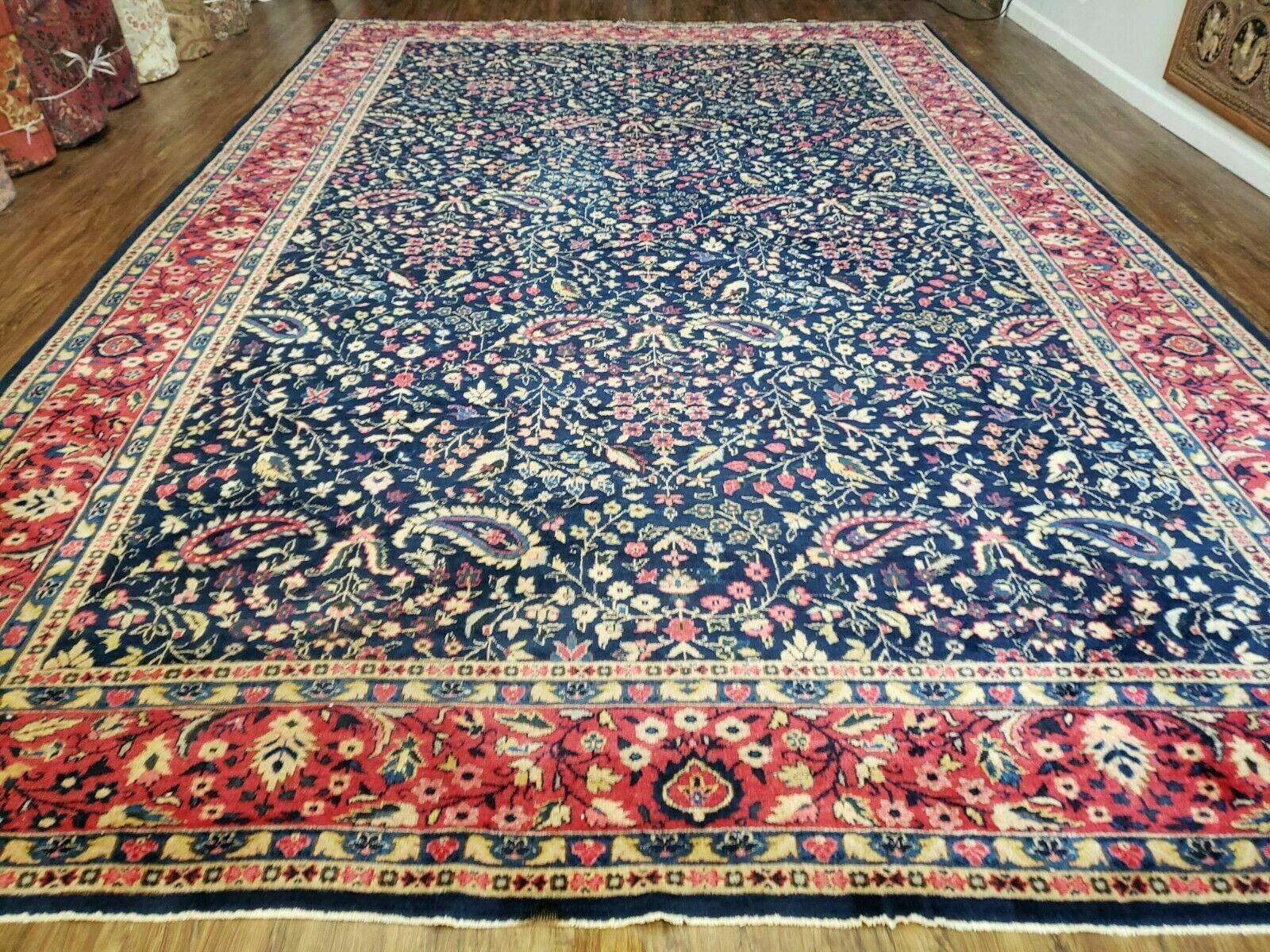 10' X 15.5' Antique Handmade Turkish Sparta Wool Area Rug Nice Navy Blue Red Organic - Jewel Rugs