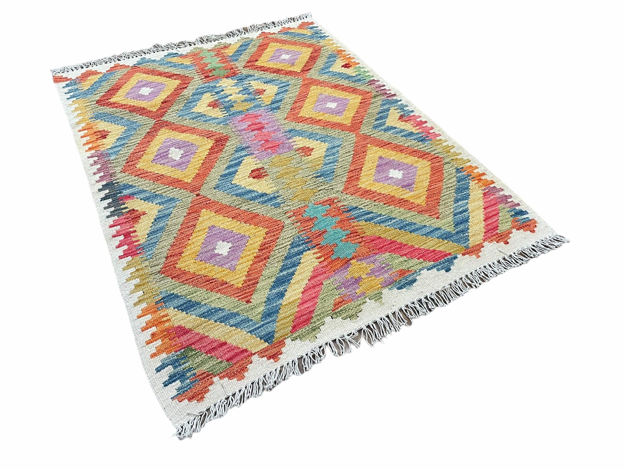 Colorful Chobi Kilim 3x5 Small Turkish Kilim Rug Diamond Pattern Multicolor Flatweave Wool Playroom Rug New Playful Rug - Jewel Rugs