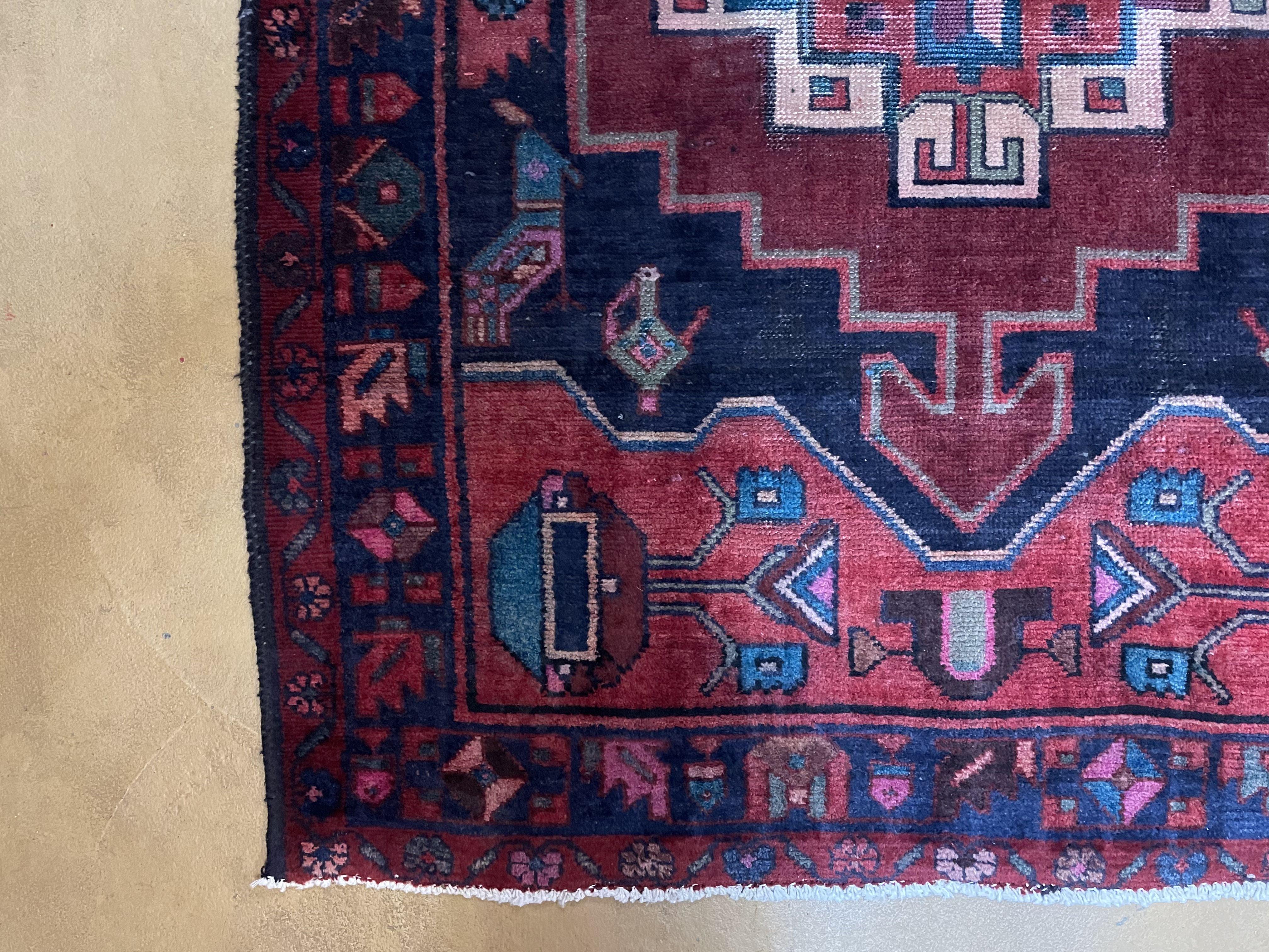 Persian Runner Rug 3.8 x 10, Persian Hamadan Nahavand Runner, Karabagh Design, Antique Wool Tribal Runner, Geometric Medallions, Handmade Hand Knotted Wide Runner, Navy Blue Red, Birds - Jewel Rugs