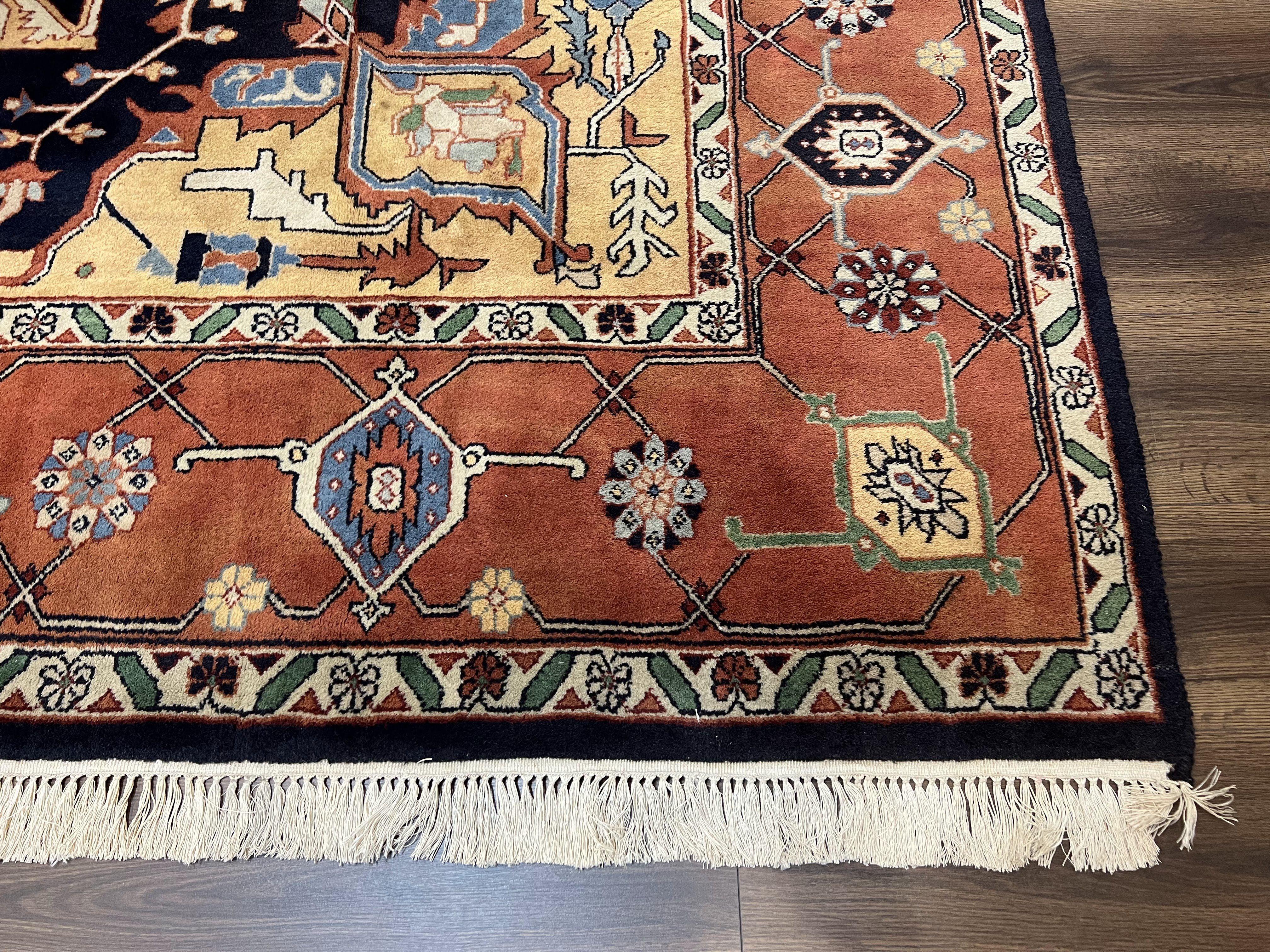 Indo Persian Heriz Rug 8x10, Indian Wool Carpet 8 x 10, Navy Blue Caramel Red, Large Geometric Medallion, Vintage Handmade Wool Oriental Rug - Jewel Rugs