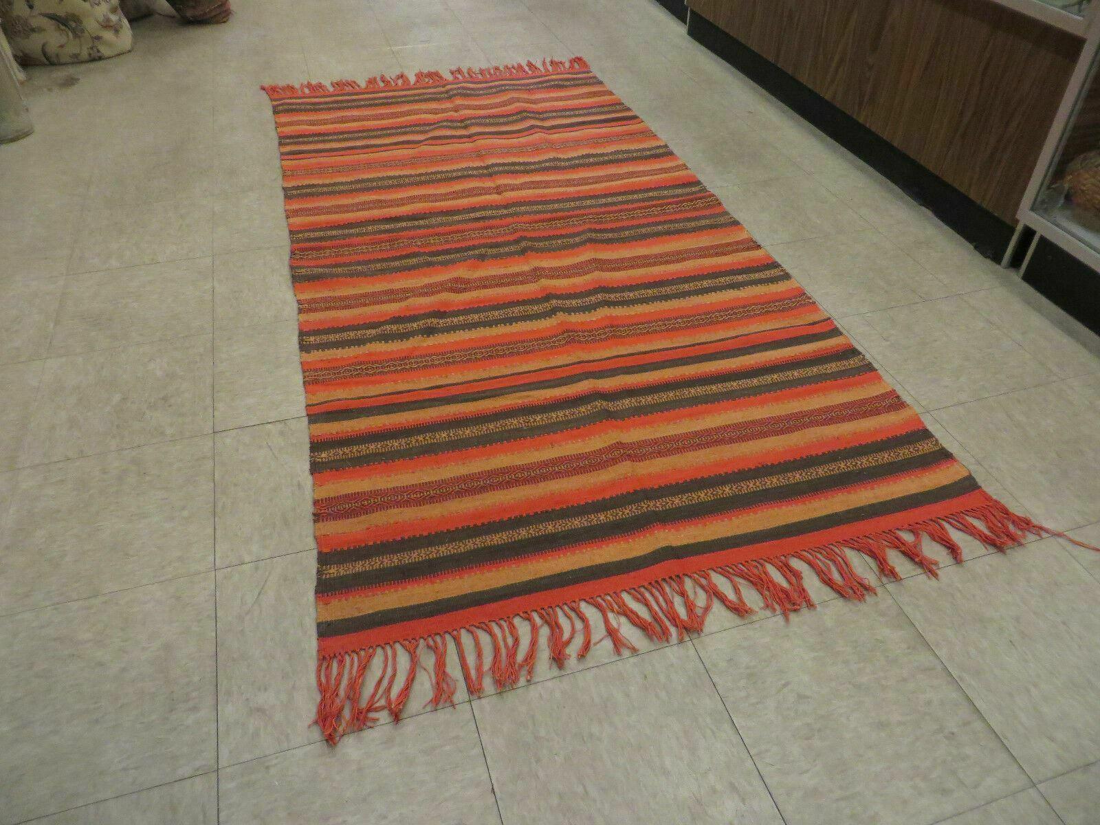 3'X7' Vintage Handmade South American Wool Blanket Kilim Rug Flat Weave Stripes - Jewel Rugs