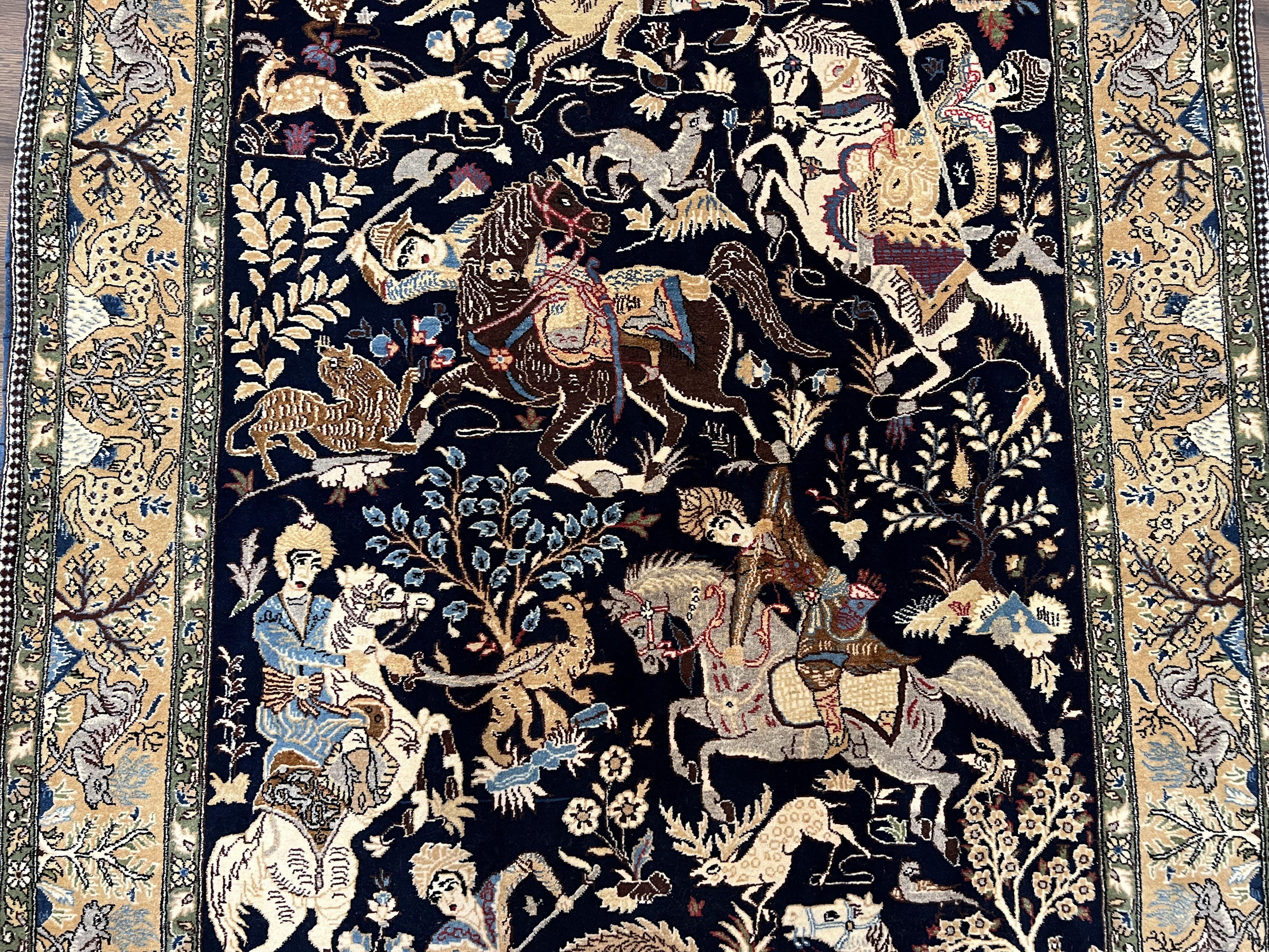 Incredible Persian Qum Rug 5x7, Hunting Design, Horses Archers Deer, Midnight Blue and Tan, Top Quality Wool Hand Knotted Vintage Persian Ghom Carpet - Jewel Rugs