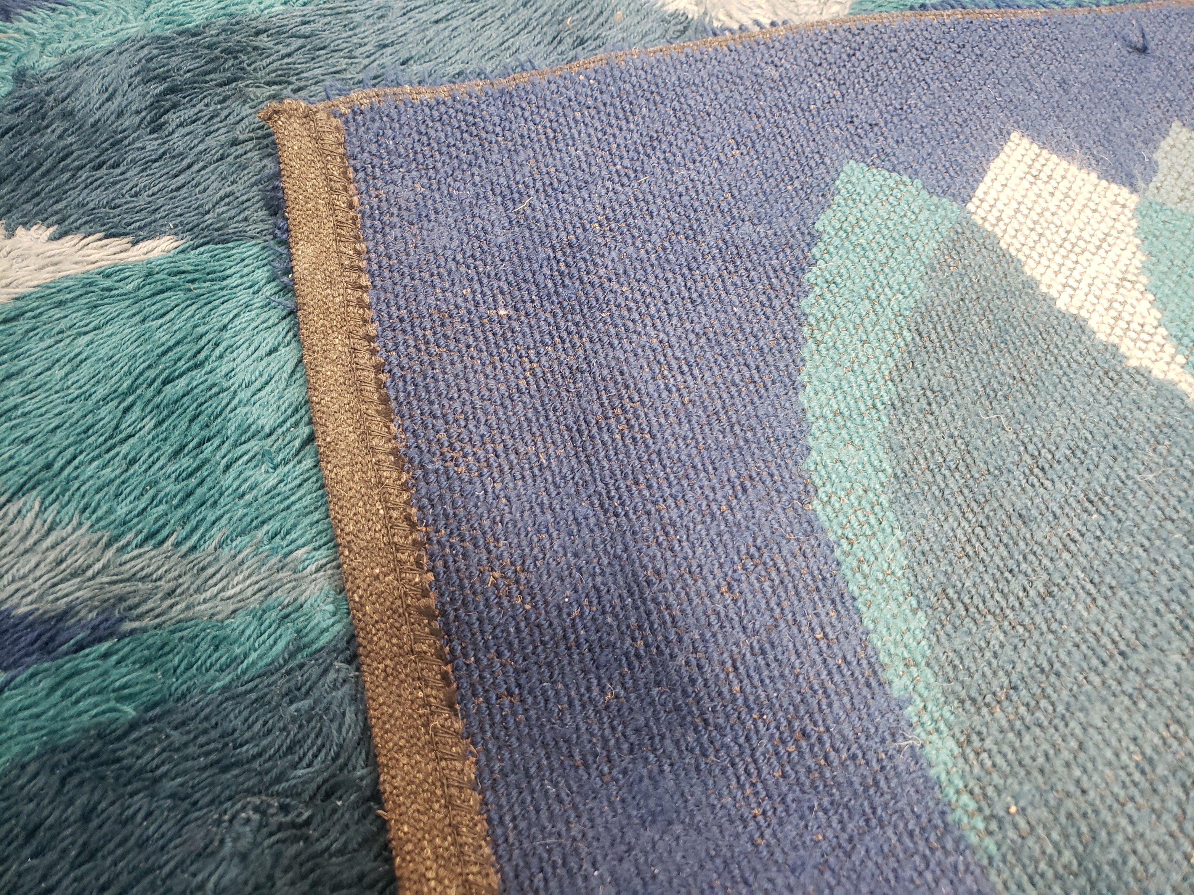 Blue Rya Rug, 1960s Mid-Century Danish Shag Rug 4'6" x 6'7", Ege Rya Modern Carpet, Cyan DeLuxe Rya Shag Rug, Vintage Area Rug 4x6, 5x7 Rug - Jewel Rugs