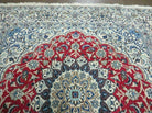 Semi Antique Persian Nain Rug, Square Oriental Carpet, 6'3" x 6' 8", Hand-Knotted, Wool with Silk Accents, Ivory Red Blue, 6ft Square Rug - Jewel Rugs