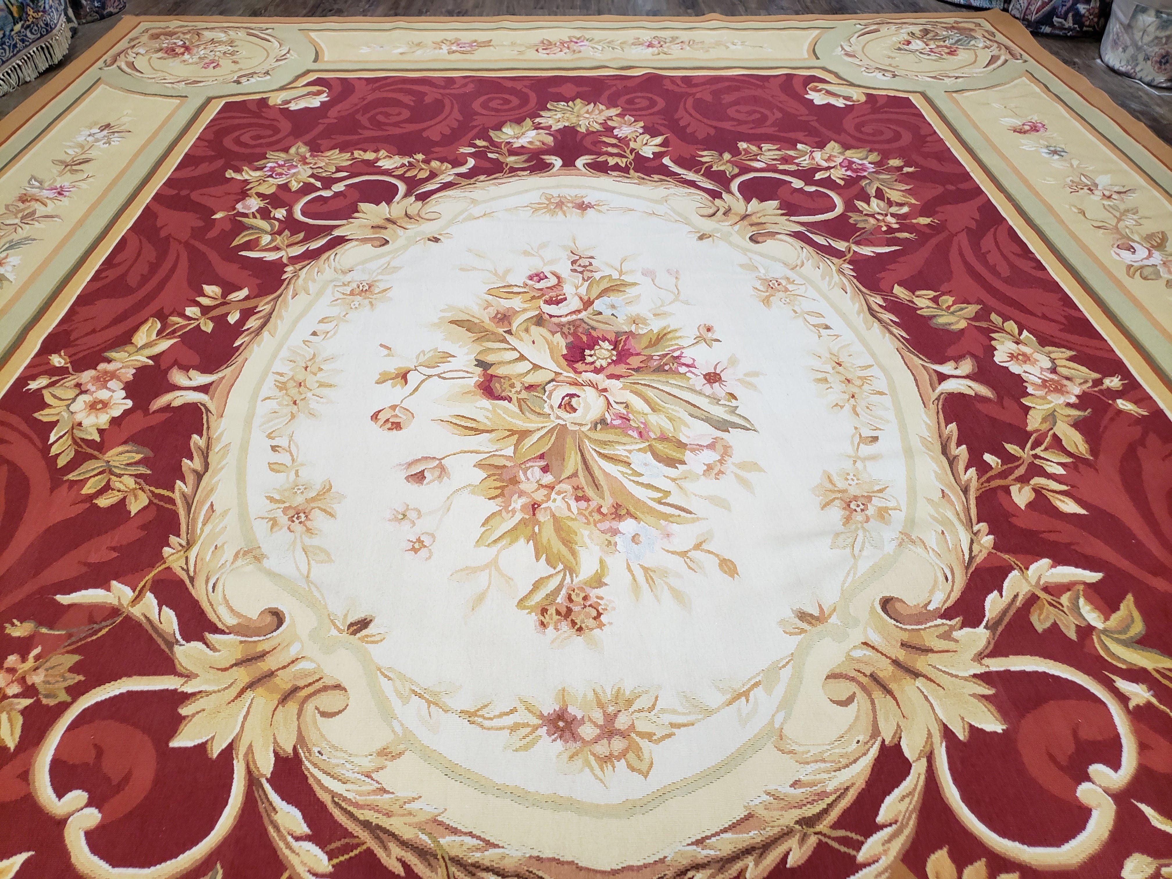 Large Aubusson Rug, 10x14 Rug, 10 x 14 Red Aubusson Carpet, Flatweave, Red Beige Ivory, Floral, Elegant Living Room Rug, Dining Room, Wool - Jewel Rugs