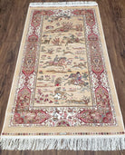 Silk Rug Hunting Design, Silk Oriental Carpet, Persian Design, Tan, 3x5 Rug, Very Detailed, Bamboo Silk, New, Accent Rug, 2' 8" x 4' 11" - Jewel Rugs