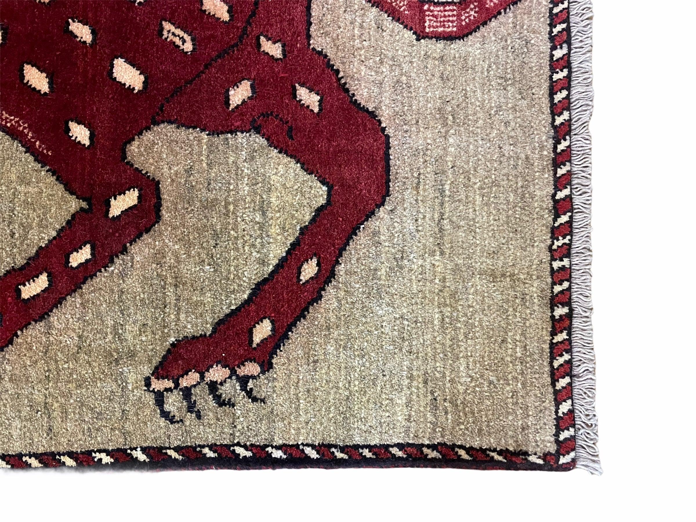 3 X 5 Handmade Hand-Knotteed New Vintage Rug Quality Wool Leopard Burgundy Beige - Jewel Rugs