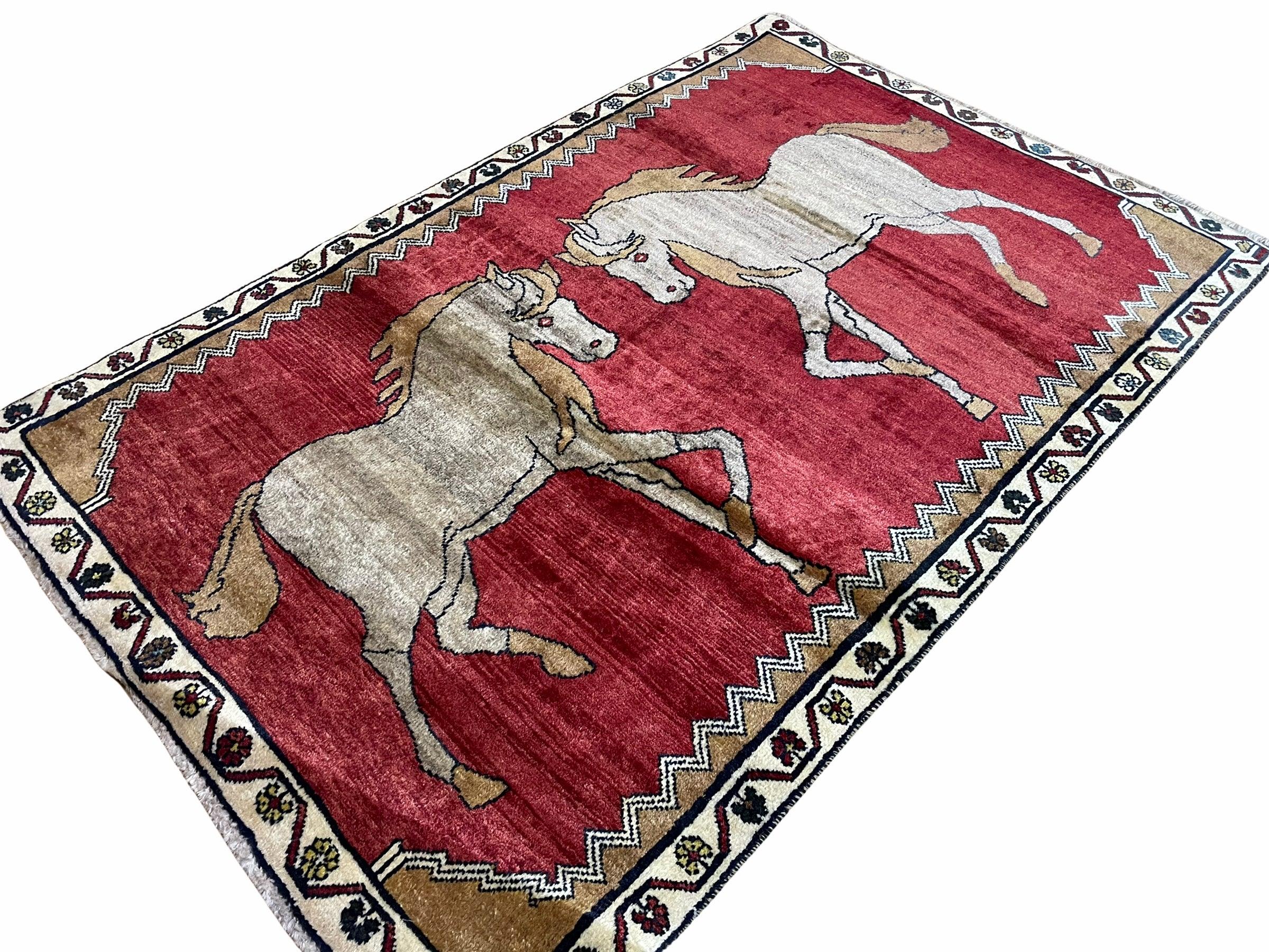 4 X 6 Handmade Hand-Knotted New Vintage Rug Wool Horses Red Organic Dyes Tribal - Jewel Rugs