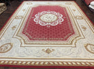 Aubusson Rug 9x12 ft, Red and Ivory Elegant Aubusson Carpet, Flatweave, Vintage Wool Handmade Area Rug 9 x 12, French European Design - Jewel Rugs