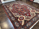 Antique Persian Heriz Rug 8x12 ft, Geometric Tribal Room Sized Carpet, Camel Hair Red Navy Blue, Wool Hand Knotted Medallion Oriental Carpet - Jewel Rugs