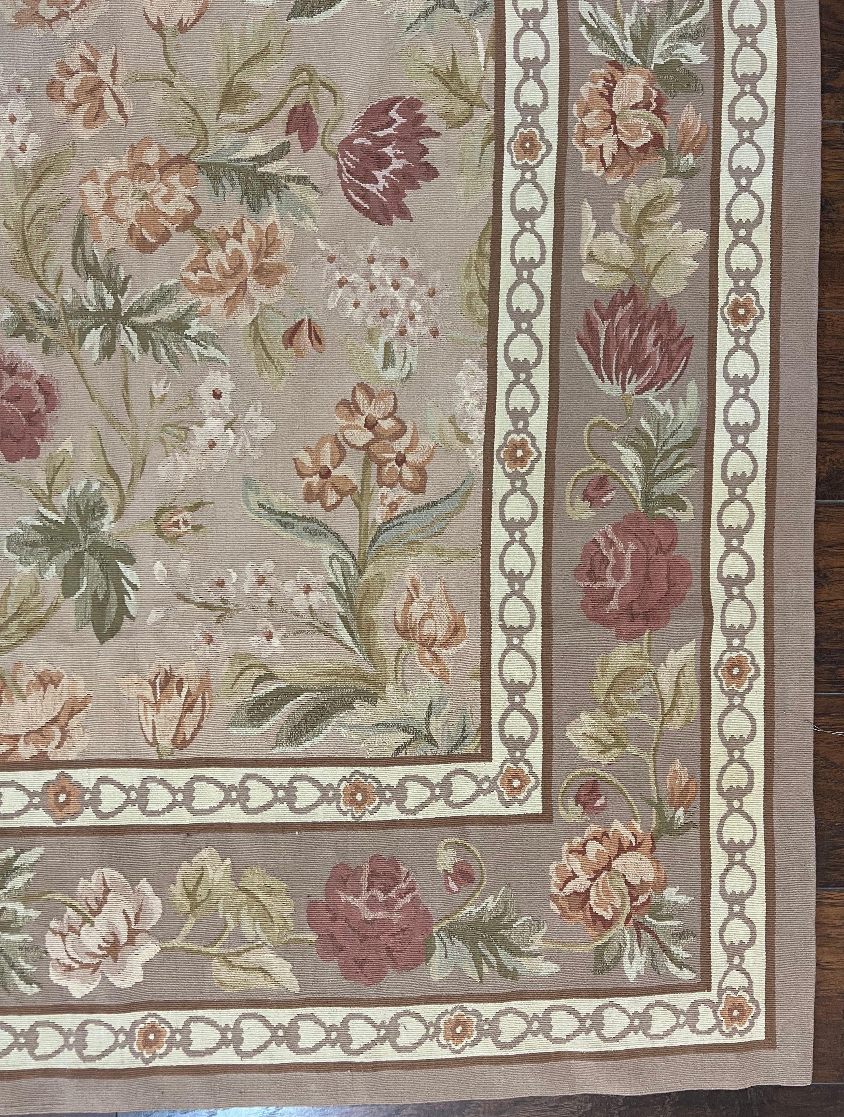 Aubusson Rug 9x12, Pink Beige Light Mauve, Handmade Allover Floral Roses, Wool Flatweave Carpet 9 x 12 ft, European French Design, Elegant - Jewel Rugs