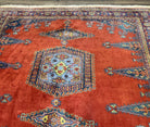 Square Persian Rug 7.7 x 7.3, Red and Blue Persian Wiss/Viss Hand Knotted Carpet, Antique Wool Oriental Tribal Rug, Boho Rug, Geometric Medallions - Jewel Rugs