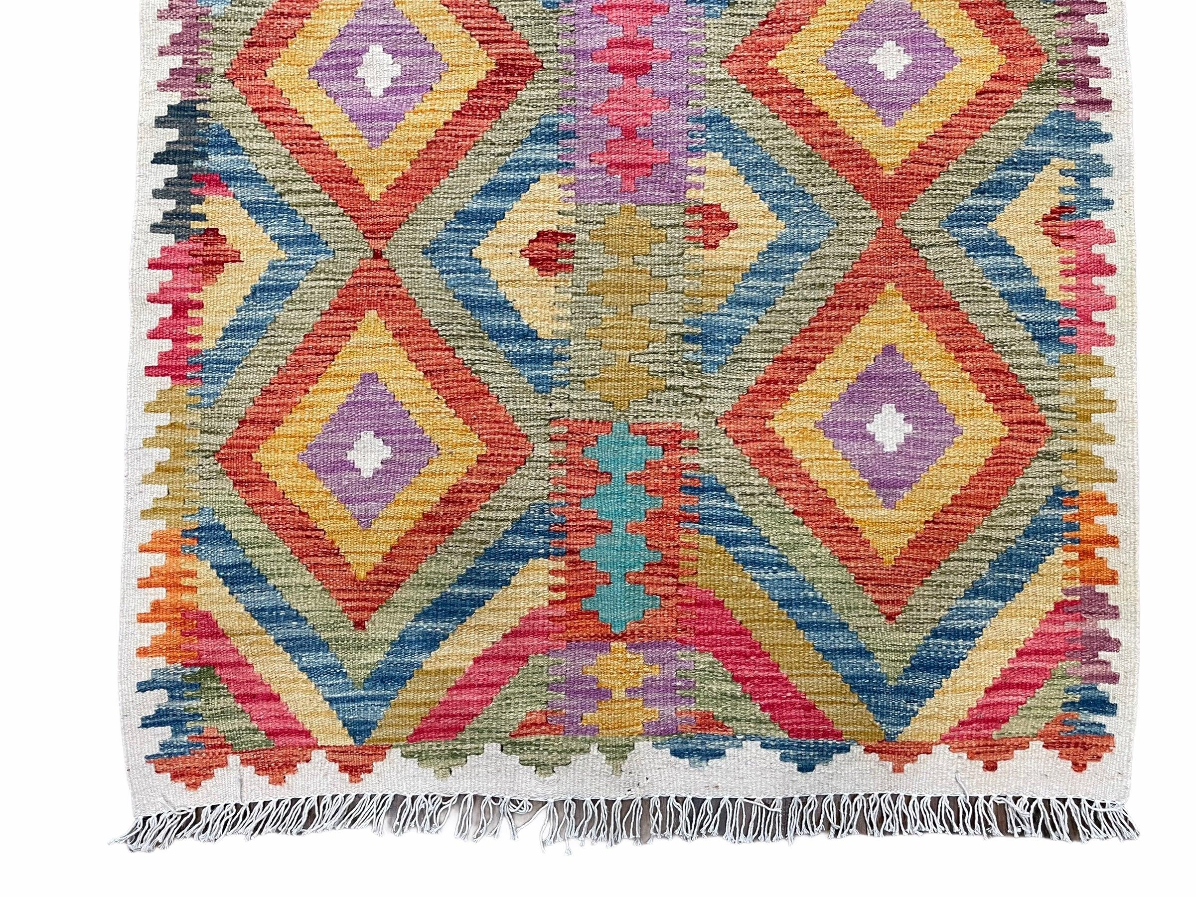 Colorful Chobi Kilim 3x5 Small Turkish Kilim Rug Diamond Pattern Multicolor Flatweave Wool Playroom Rug New Playful Rug - Jewel Rugs