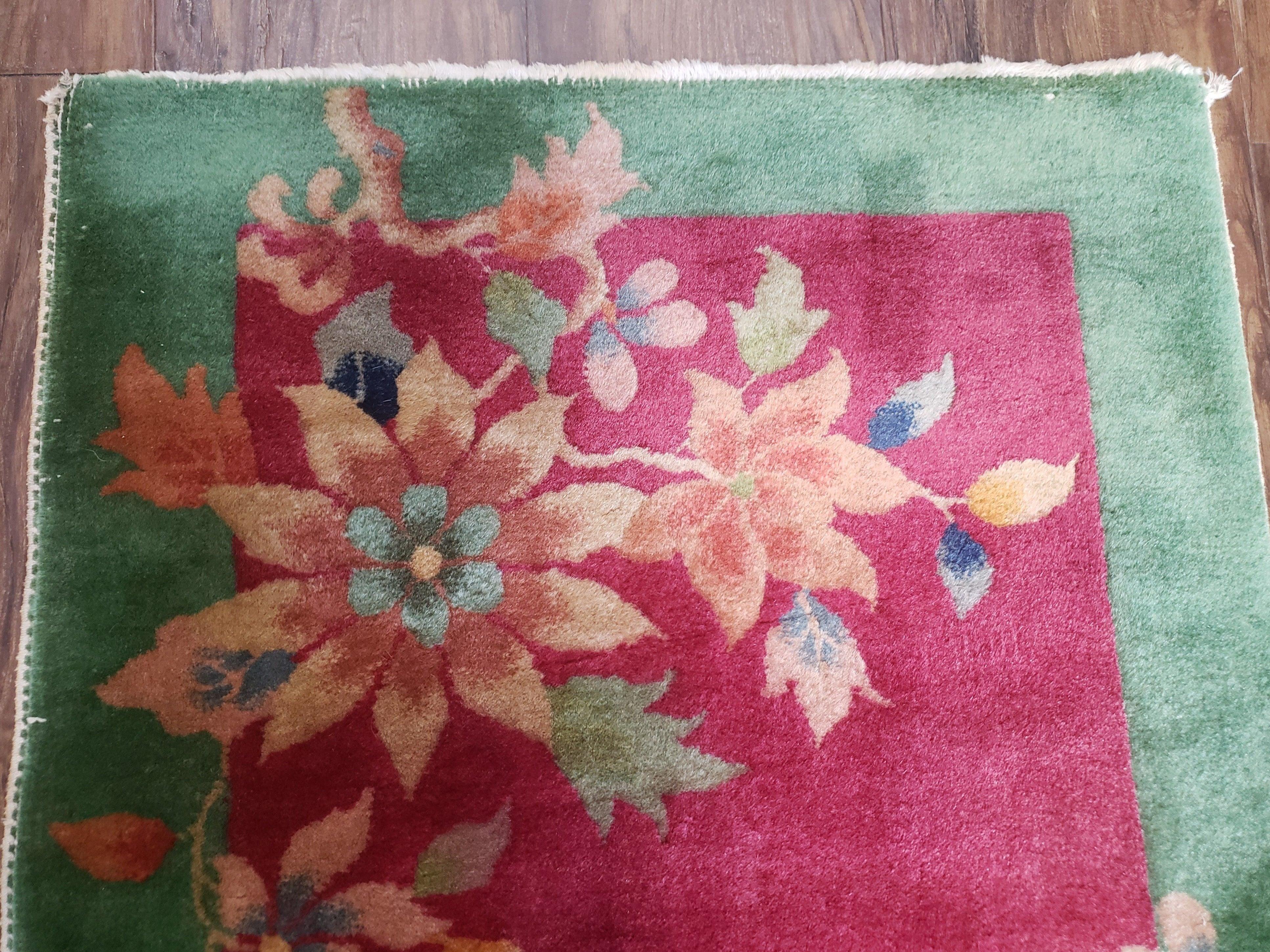 Small Nichols Rug 2x3, Chinese Nichols Rug, Antique Nichols Rug, Chinese Art Deco Accent Rug, Pinkish Red and Green, Flowers, Rare, Asian - Jewel Rugs