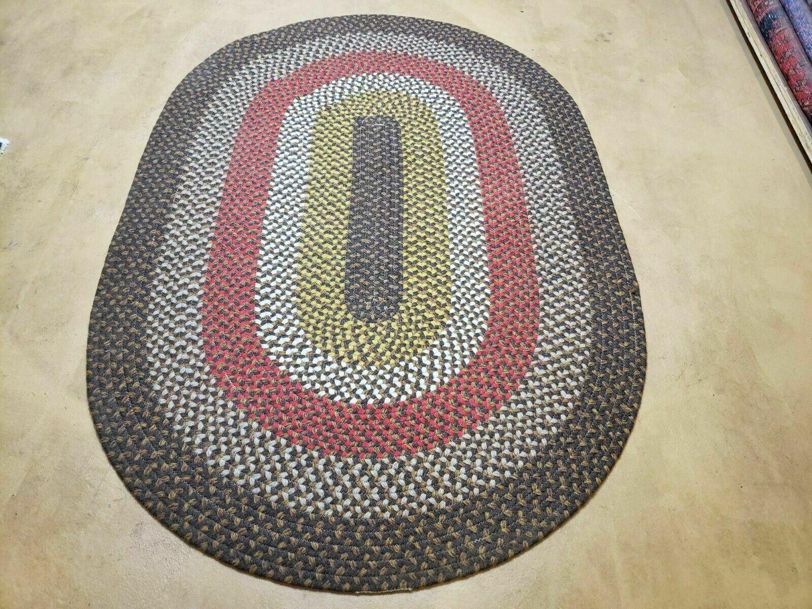 4' X 6' Vintage Handmade American Braided Rug Runner Oval Brown Red Yellow - Jewel Rugs