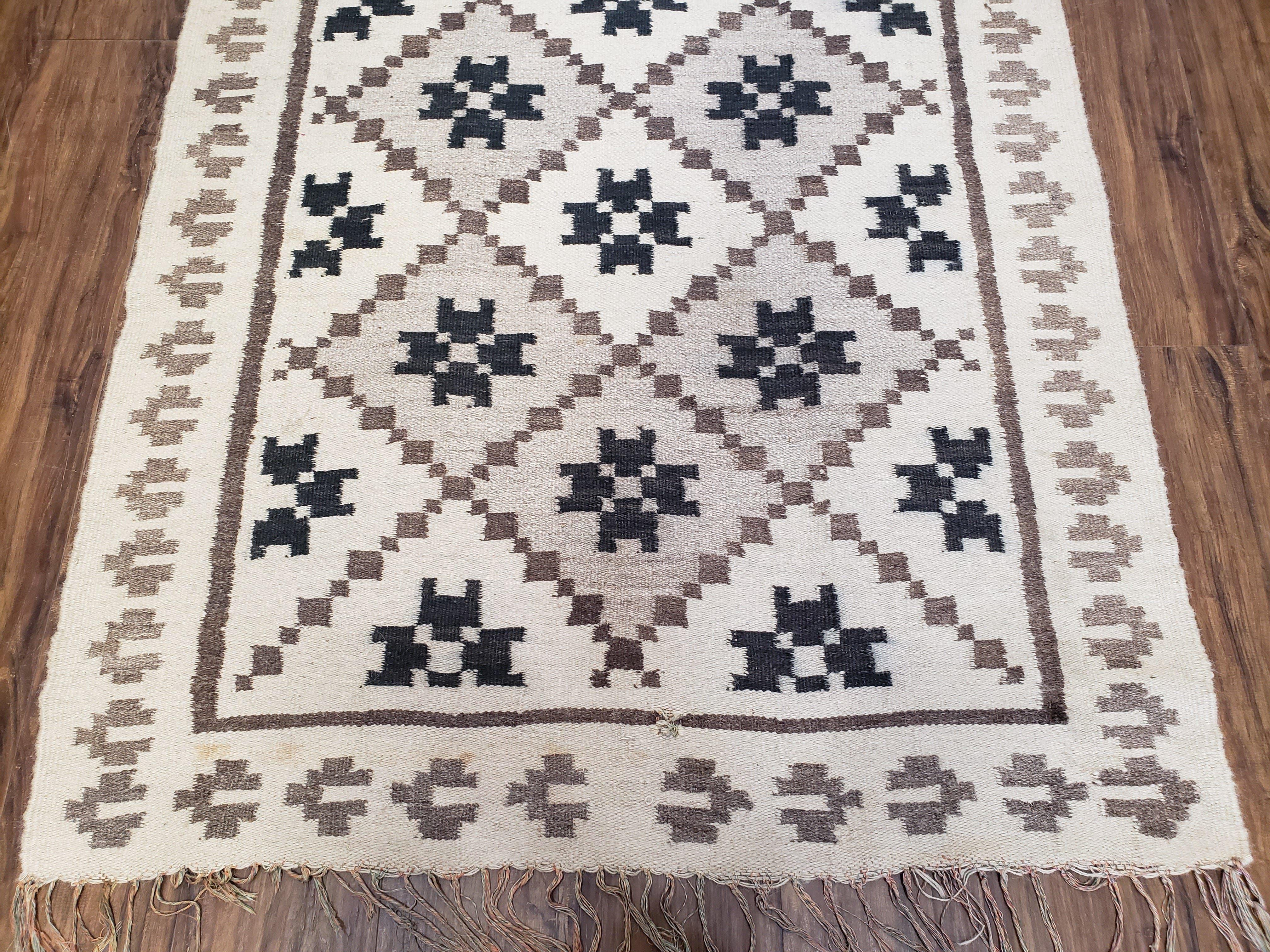 Semi Antique South American Blanket 4x8, Wool Hand-Woven Flatweave Kilim Rug, Handmade Antique Vintage Runner, Ivory & Blue, Diamond Panel - Jewel Rugs