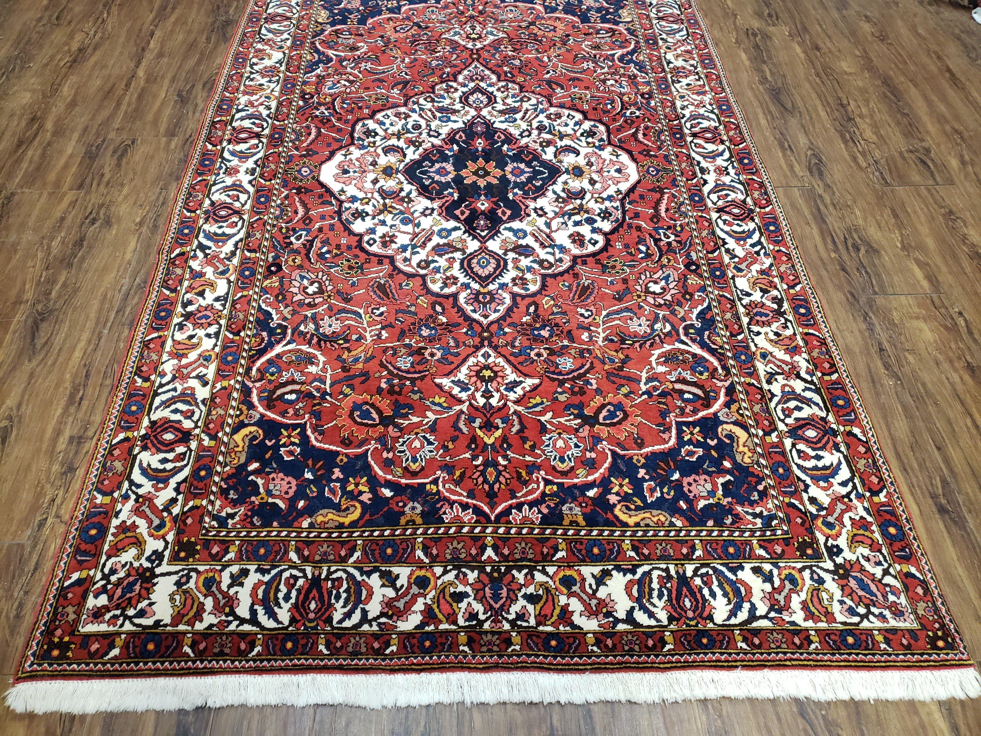 Semi Antique Persian Bakhtiari Rug, Hand-Knotted, Wool, Red, Midnight Blue, Ivory, Floral Medallion, 5'1" x 8' 6" - Jewel Rugs