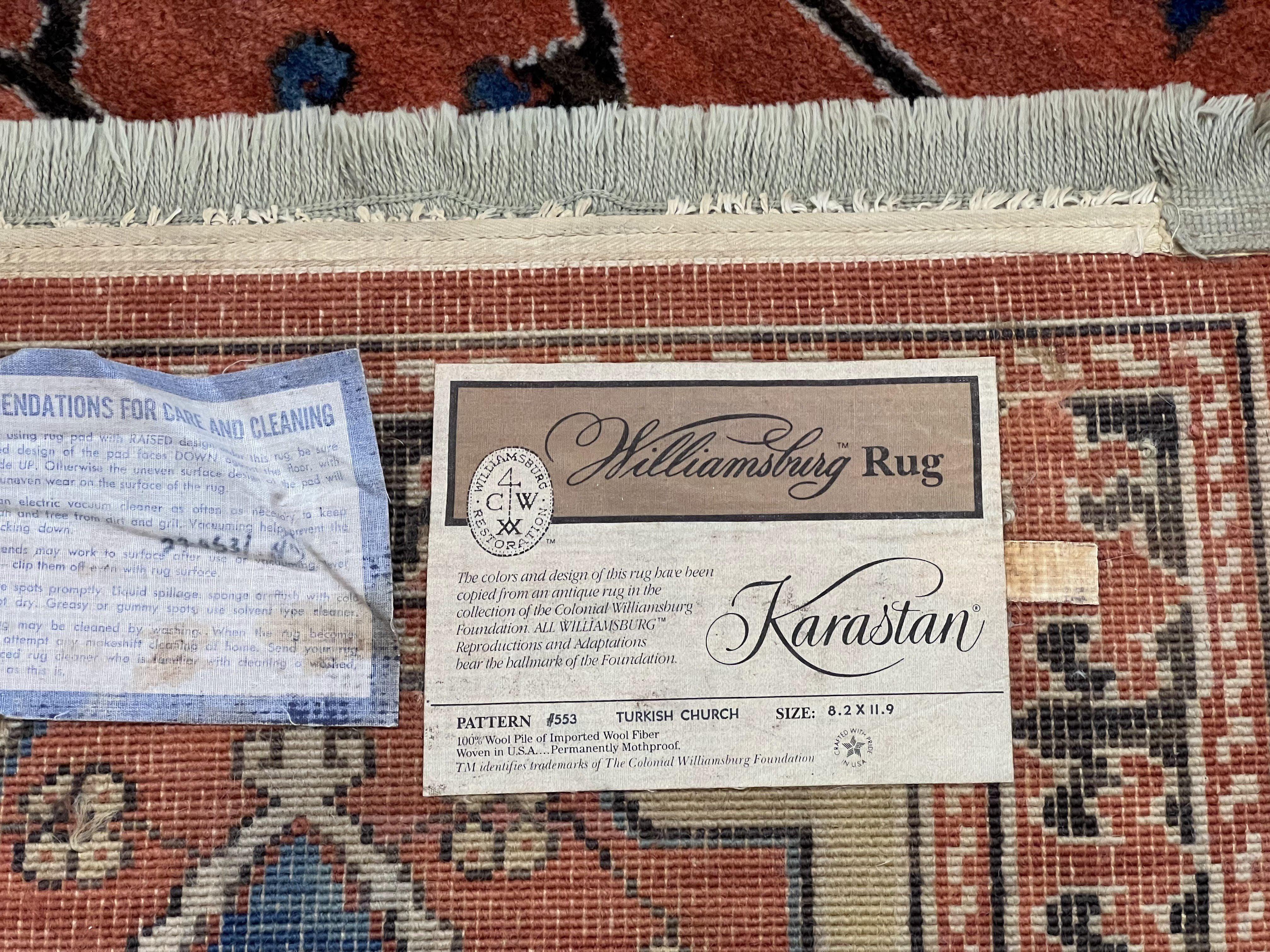 Karastan Rug 8' 2" x 11' 9", Karastan Williamsburg Rug Pattern #553 Turkish Church, Salmon Blue Golden Tan, Wool Karastan Carpet, Room Sized - Jewel Rugs