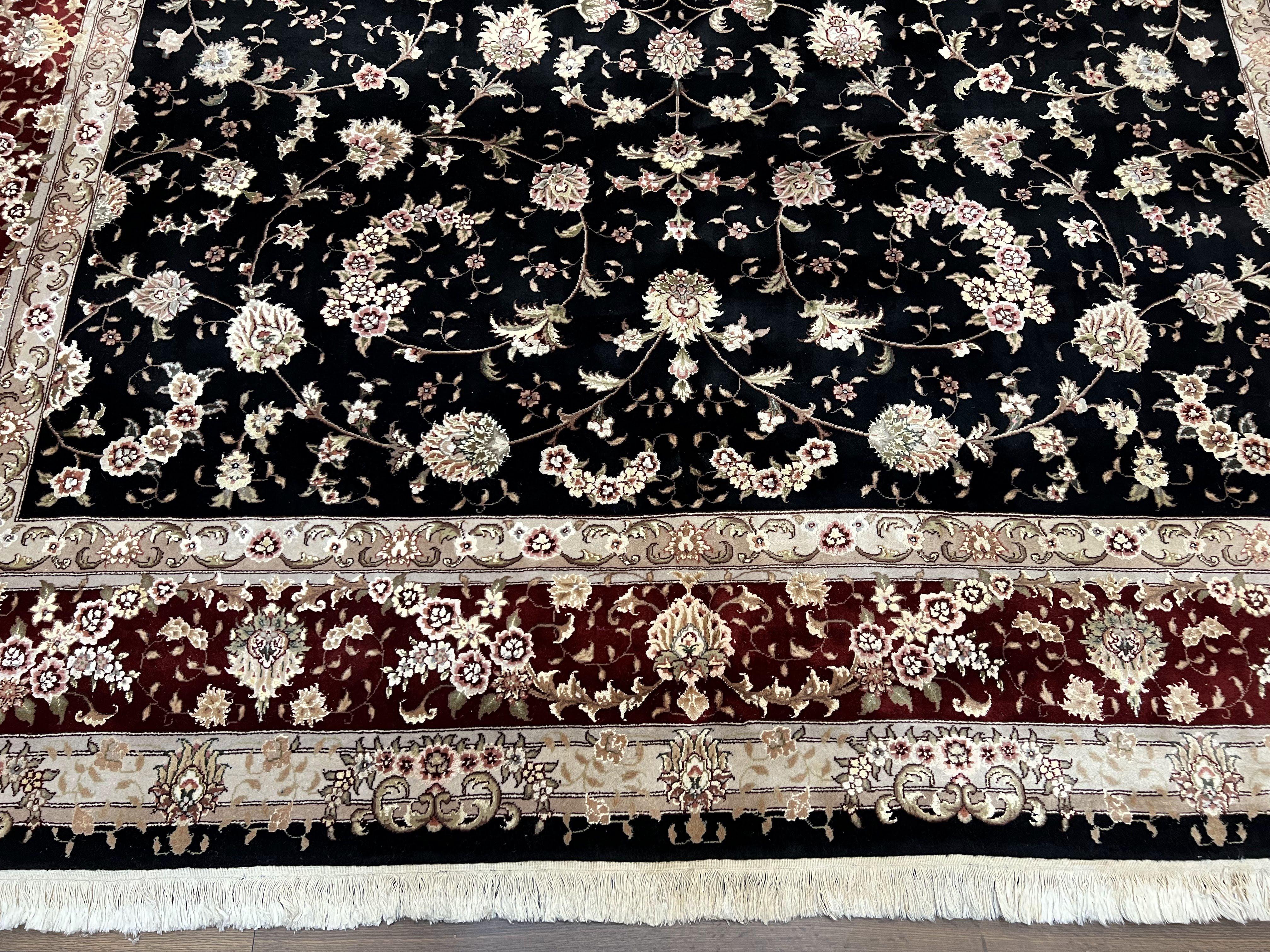 Sino Persian Rug 9x12, High Quality Oriental Carpet, Black and Maroon, Wool and Silk, Allover Floral Pattern, Hand Knotted, Vintage Rug Nice - Jewel Rugs