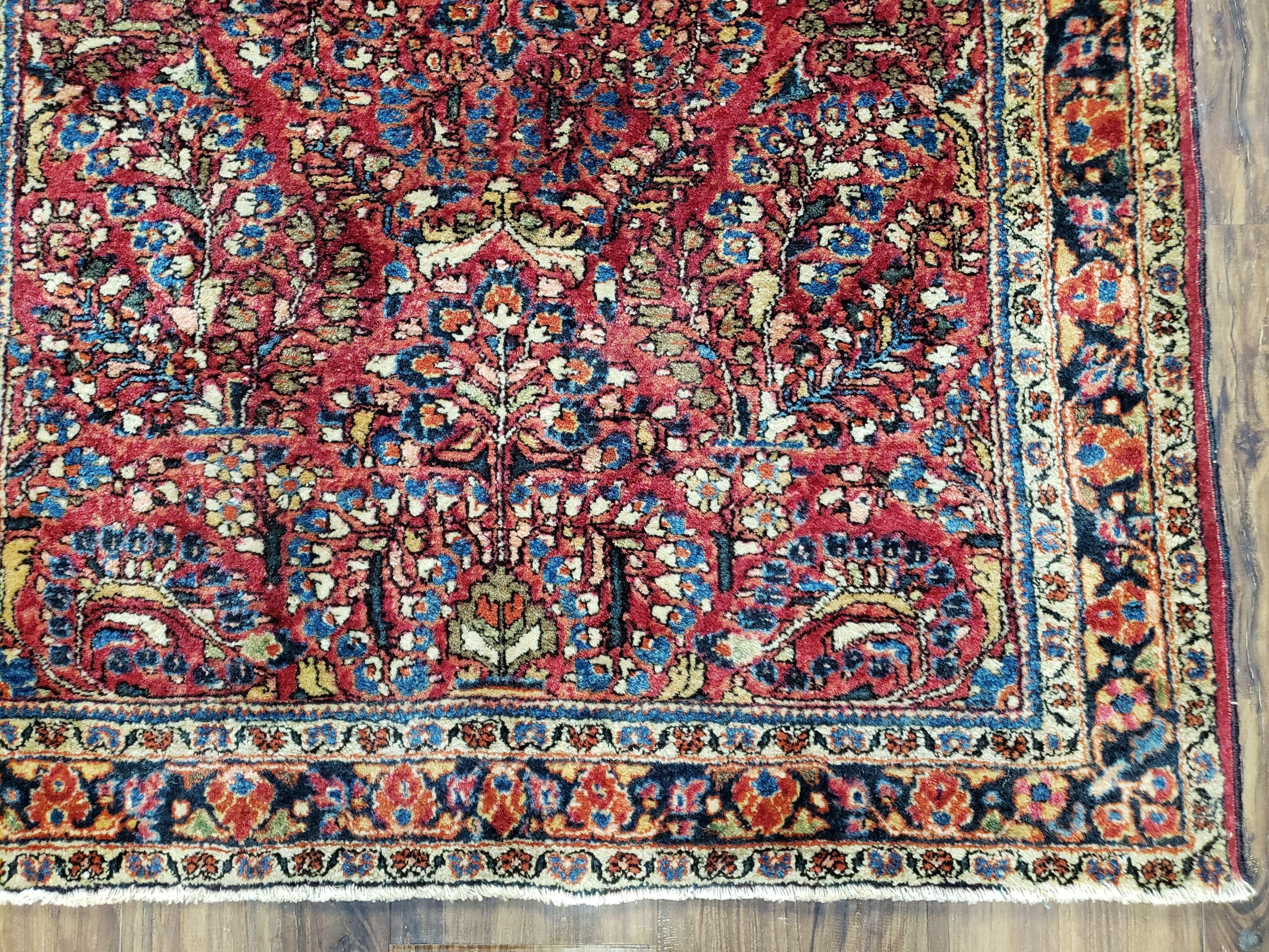 Antique Persian Sarouk Rug, Red, Allover Floral Pattern, Hand-Knotted, Wool, 3'4" x 4'10" - Jewel Rugs