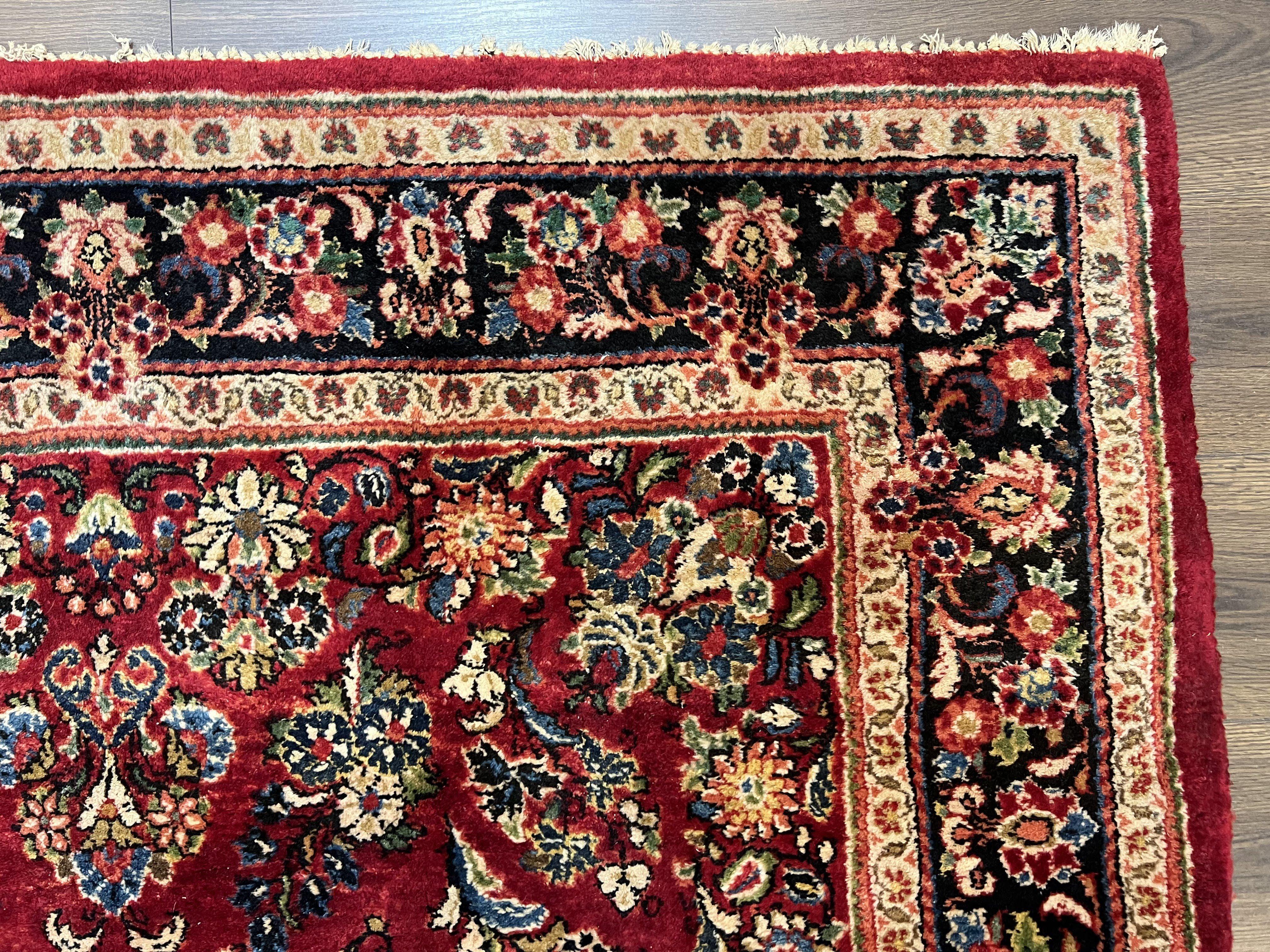 Rare Persian Almost Square Rug 6.3 x 5.3, Hand Knotted Wool Antique 1920s Sarouk Oriental Carpet, Red Navy Blue Beige, Floral Allover, 5x6 Area Rug - Jewel Rugs