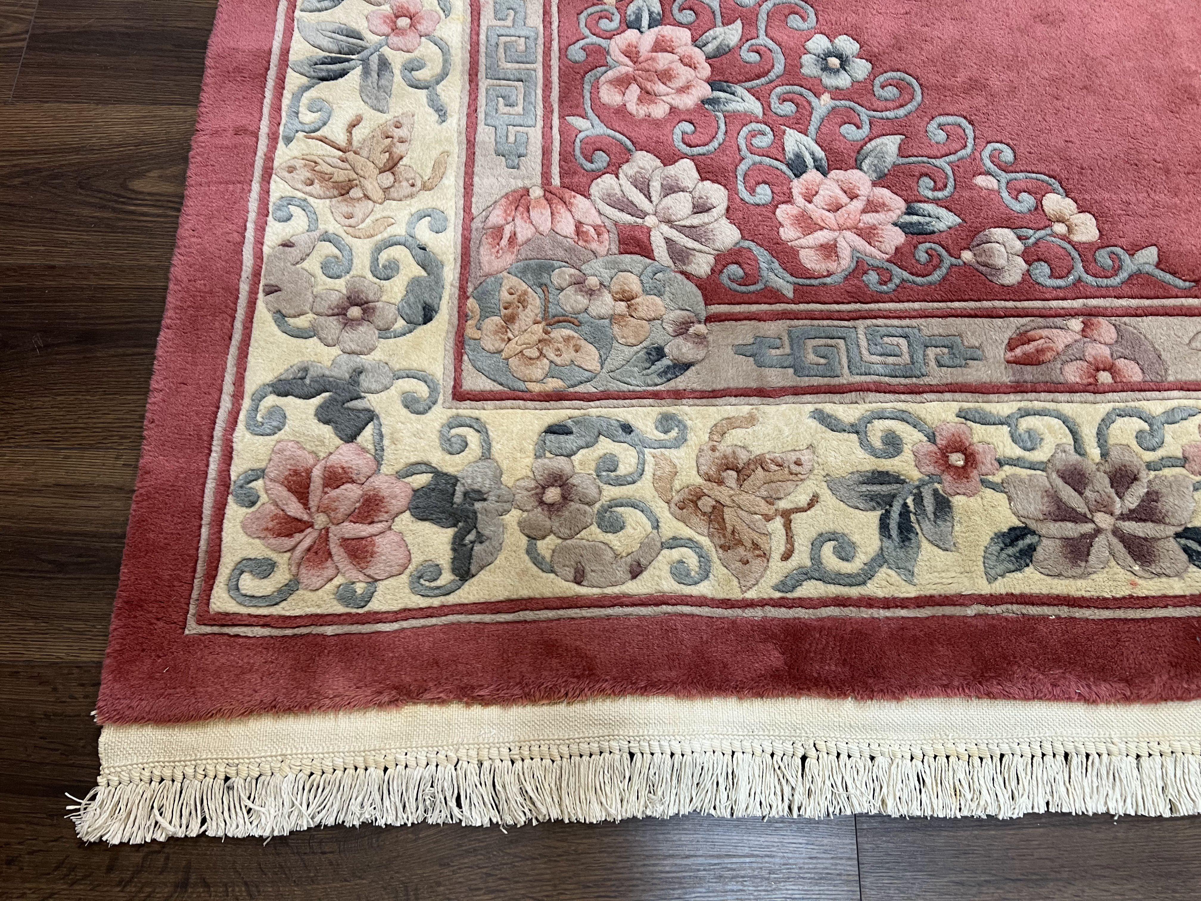 Chinese Carved Rug 8x10, Vintage 1960s Chinese Wool Carpet, Asian Oriental Handmade Sculpted Rug Pink Cream Art Deco Floral Medallion 8 x 10 - Jewel Rugs