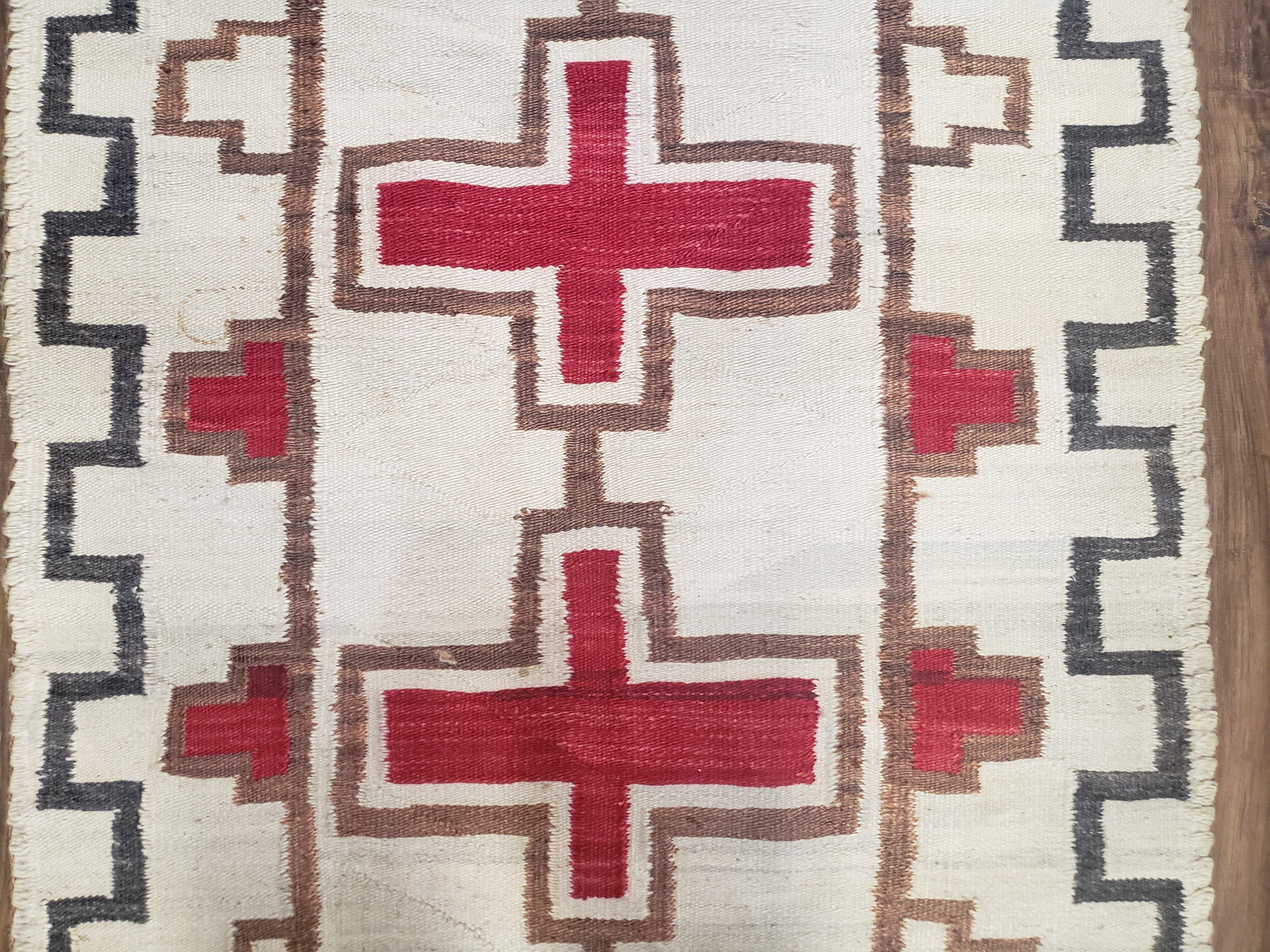 Semi Antique Navajo Rug 3x5, Wool Hand Woven, First Aid Cross Navajo American Blanket, Kilim Rug, Ivory Red, Nice, Rare Navaho Blanket - Jewel Rugs