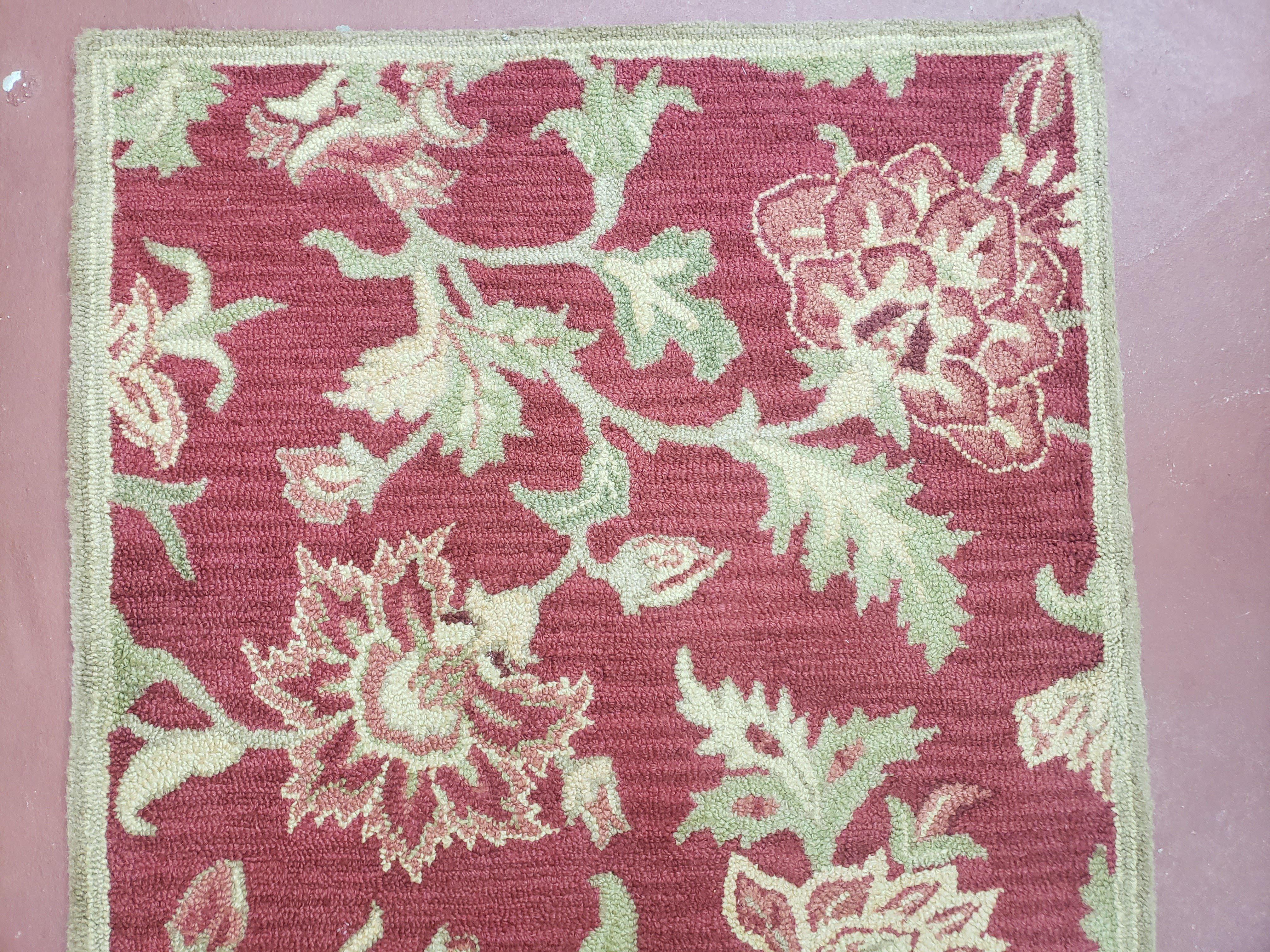 Pottery Barn Small Indian Handtufted Wool Rug 3x5, Red Floral Accent Carpet, Foyer Room Rug, Entryway Rug 3 x 5 ft - Jewel Rugs