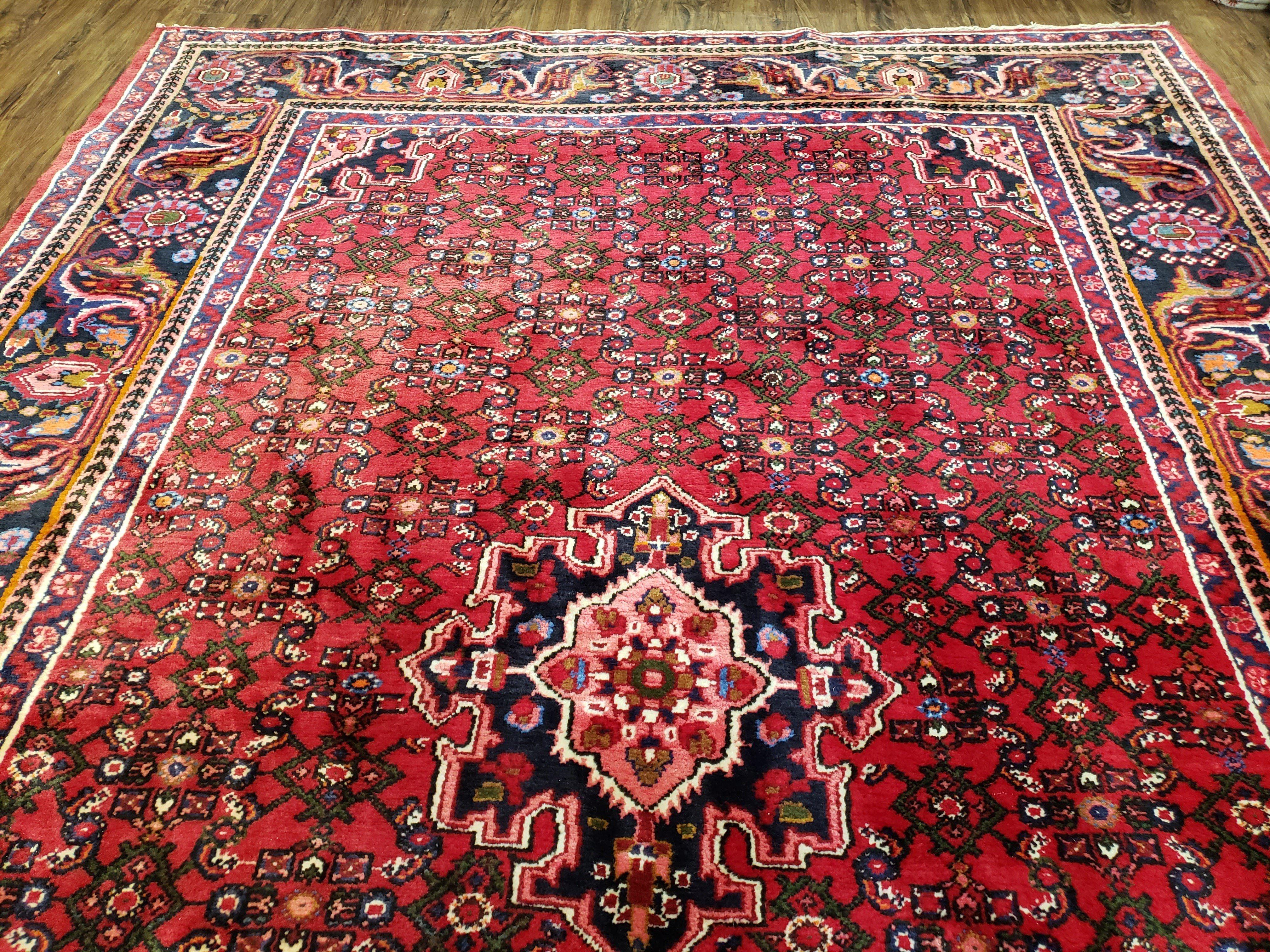 Vintage Persian Hamedan Dargazin Rug, Red, Hand-Knotted, Wool, 7' x 10' 2" - Jewel Rugs