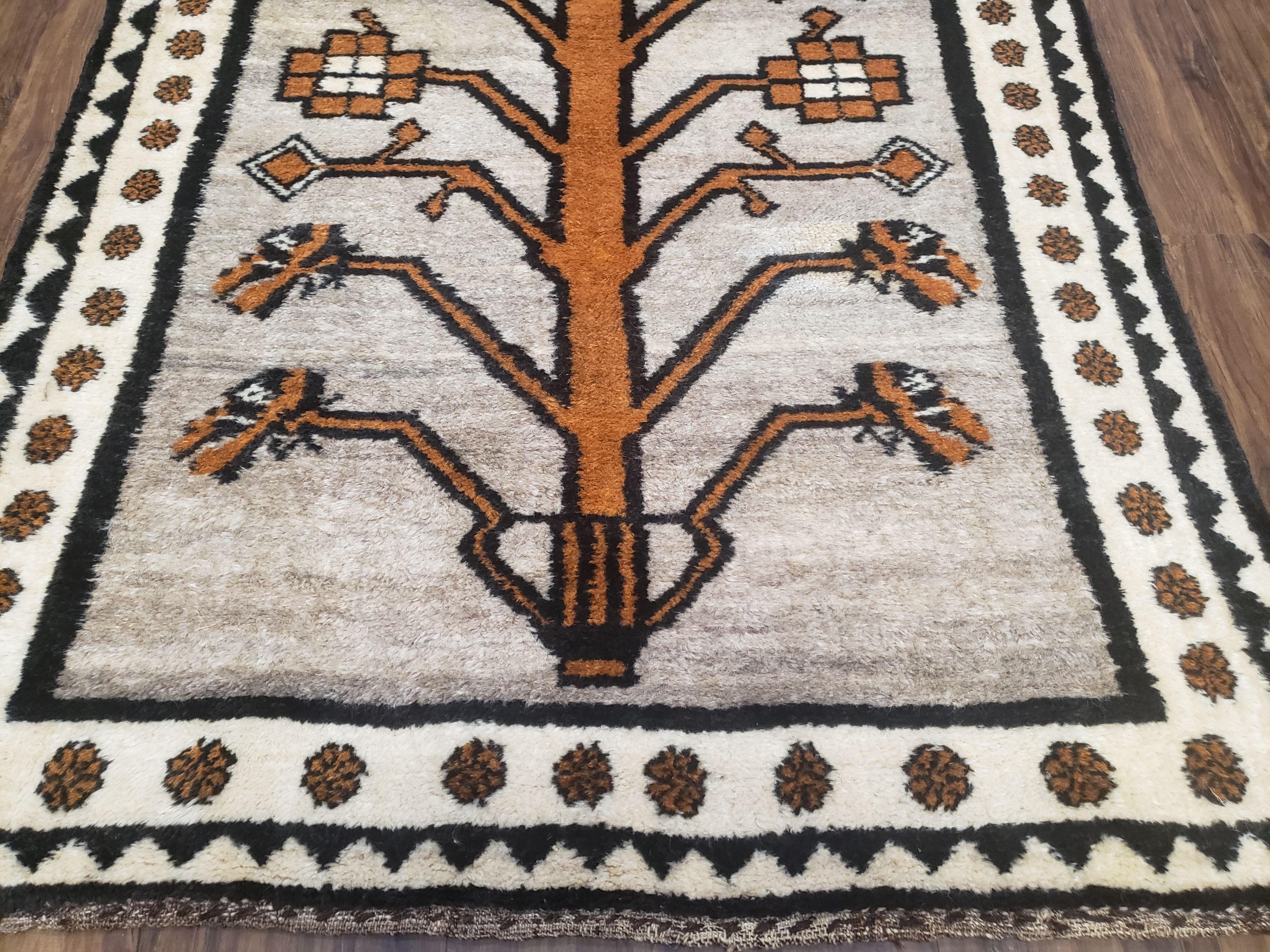 Unique Vintage Gabbeh Tree of Life Rug, Gray, Hand-Knotted, 4'3" x 7' 4" - Jewel Rugs