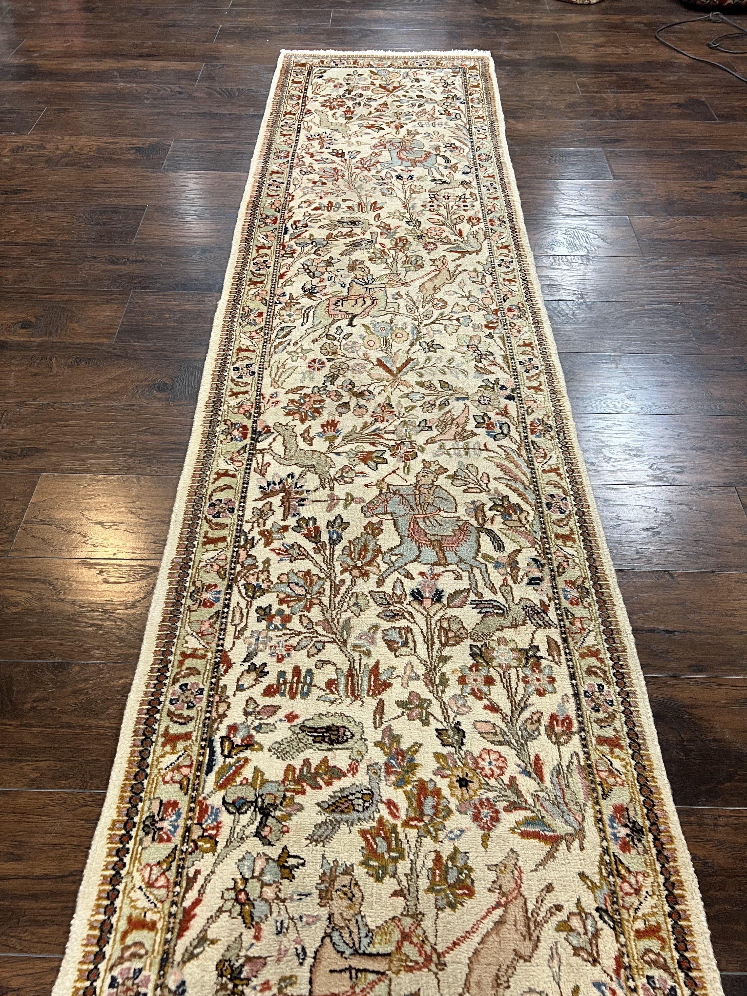 Persian Taba Tabaie Tabriz Runner Rug 2.6 x 15 ft Long Runner, Vintage Persian Runner, Hunting Scene, Horses Flowers, Beige Opal, High Quality, Wool Runner - Jewel Rugs