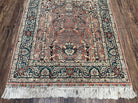 Silk Turkish Hereke Rug 2.8 x 3.2, Small Square Oriental Carpet 3x3, Prayer Arch Birds Animals Vase, Top Quality Very Fine, Salmon Navy Blue - Jewel Rugs