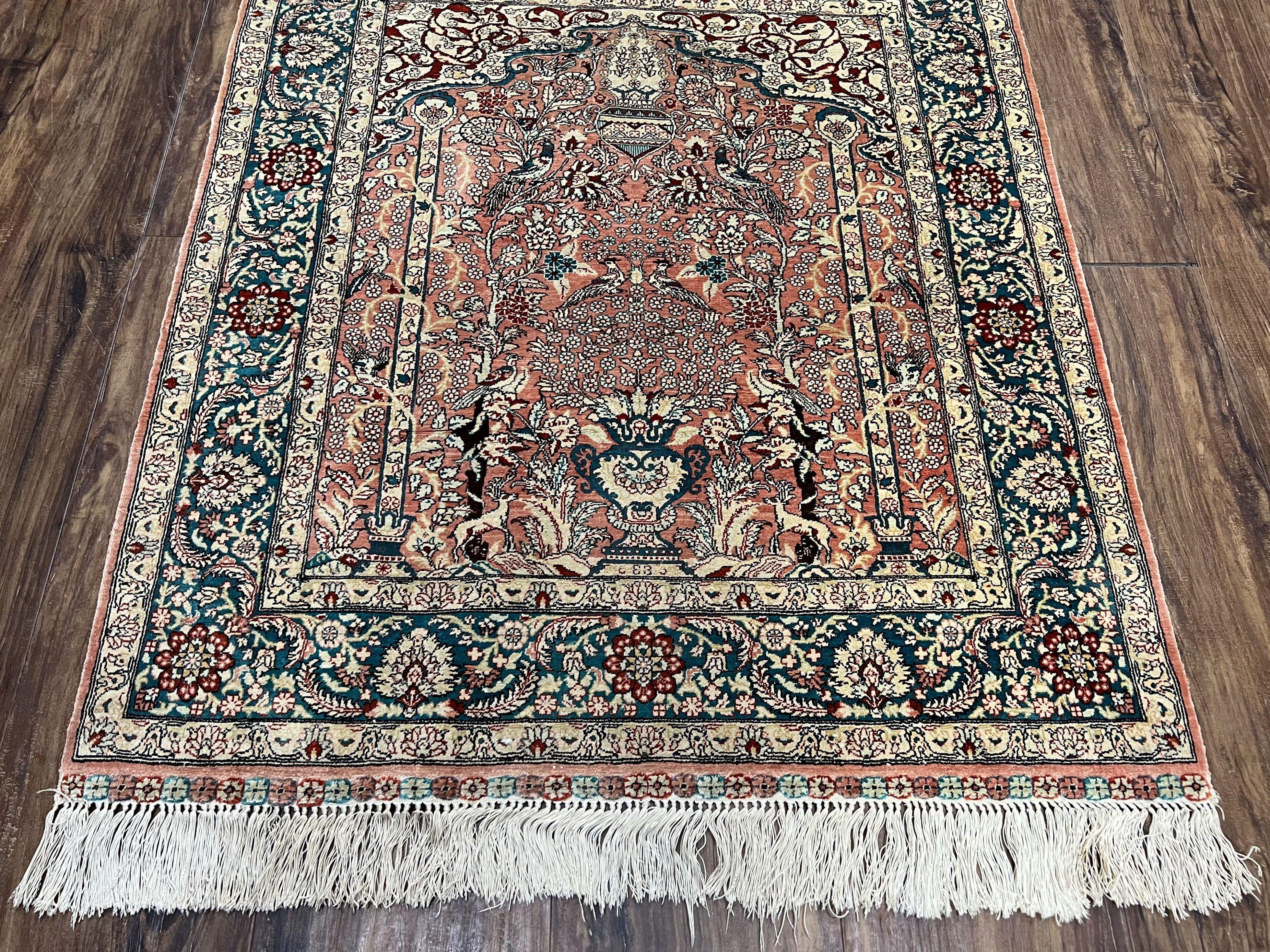 Silk Turkish Hereke Rug 2.8 x 3.2, Small Square Oriental Carpet 3x3, Prayer Arch Birds Animals Vase, Top Quality Very Fine, Salmon Navy Blue - Jewel Rugs