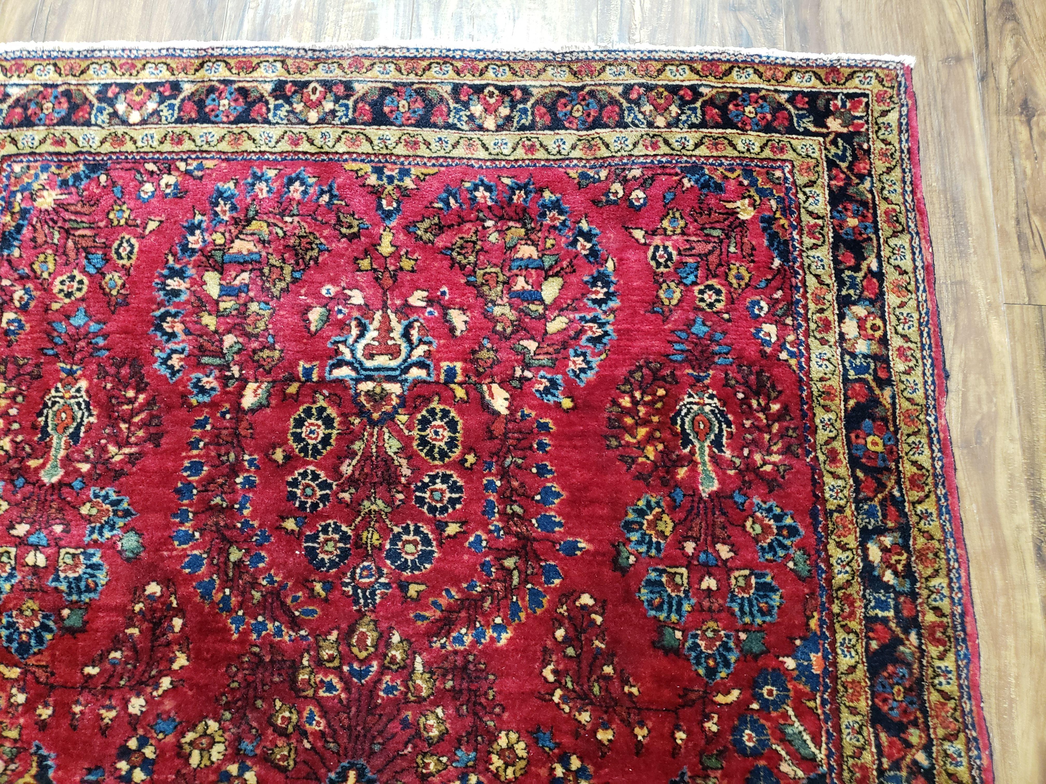 Antique Persian Sarouk Rug, Red, Allover Floral Pattern, Hand-Knotted, Wool, 3'4" x 4'11" - Jewel Rugs