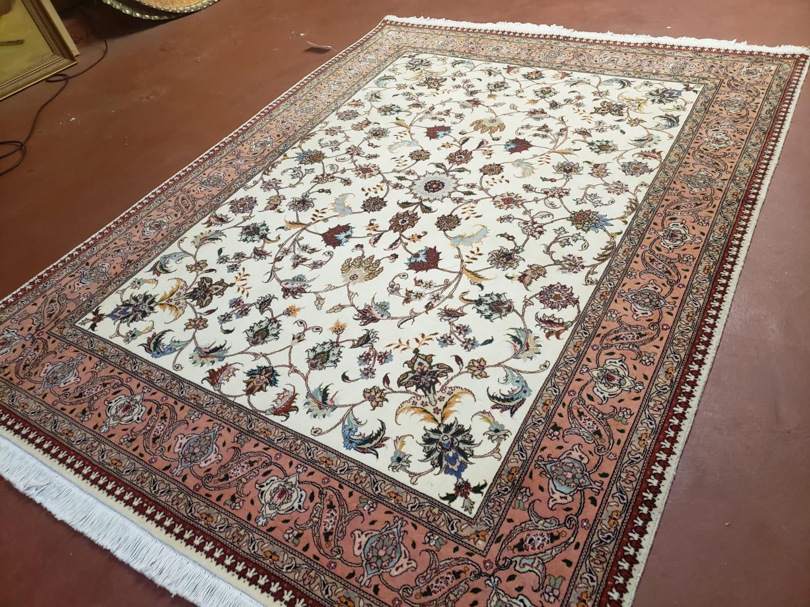 Semi Antique Persian Tabriz Rug, Beige and Salmon Red, Floral Pattern, Hand Knotted, Wool, 5x7 ft - Jewel Rugs