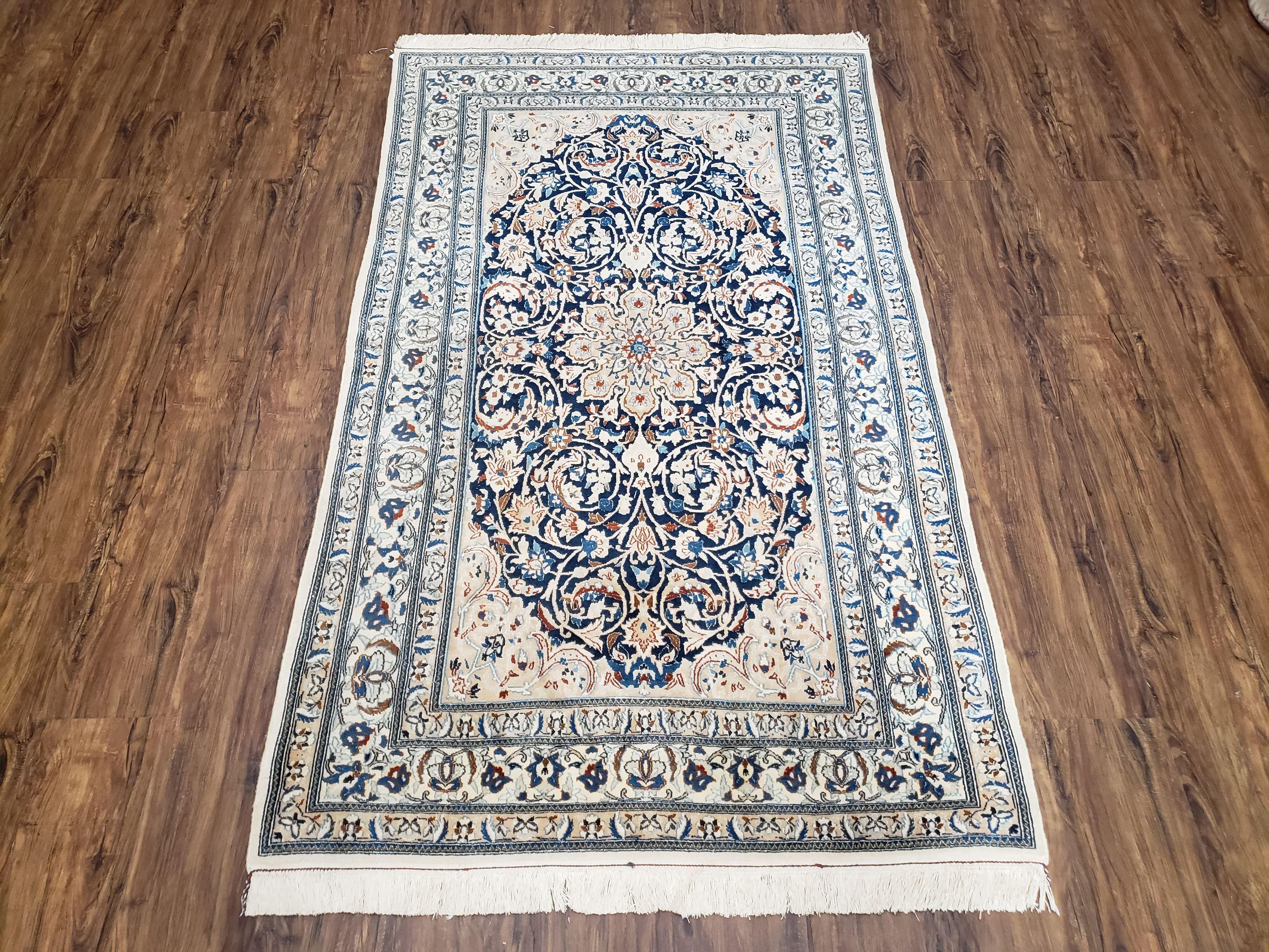 Semi Antique Fine Persian Nain Rug, Ivory & Blue, Wool with Silk Accents, 3'9" x 6'2" - Jewel Rugs