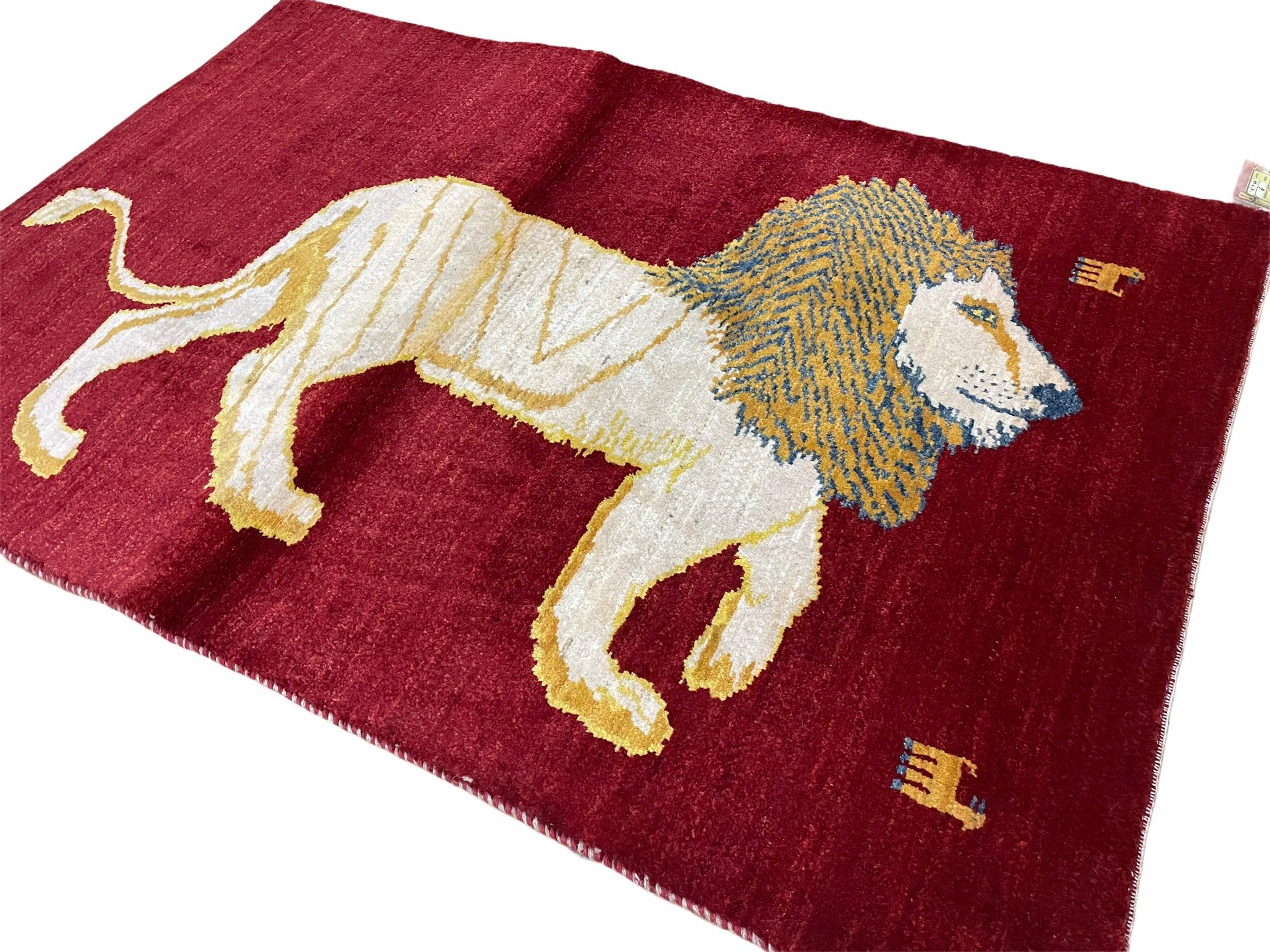 3 X 5 Handmade Rug New Vintage Hand-Knotted Quality Wool Lion Organic Dyes Red - Jewel Rugs