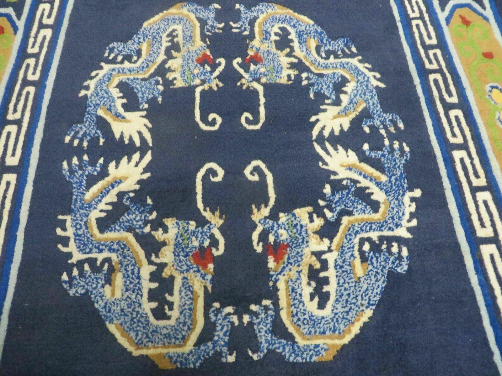 3' X 6' Vintage Handmade Chinese Art Deco Peking Wool Rug Carpet Dragons Blue - Jewel Rugs