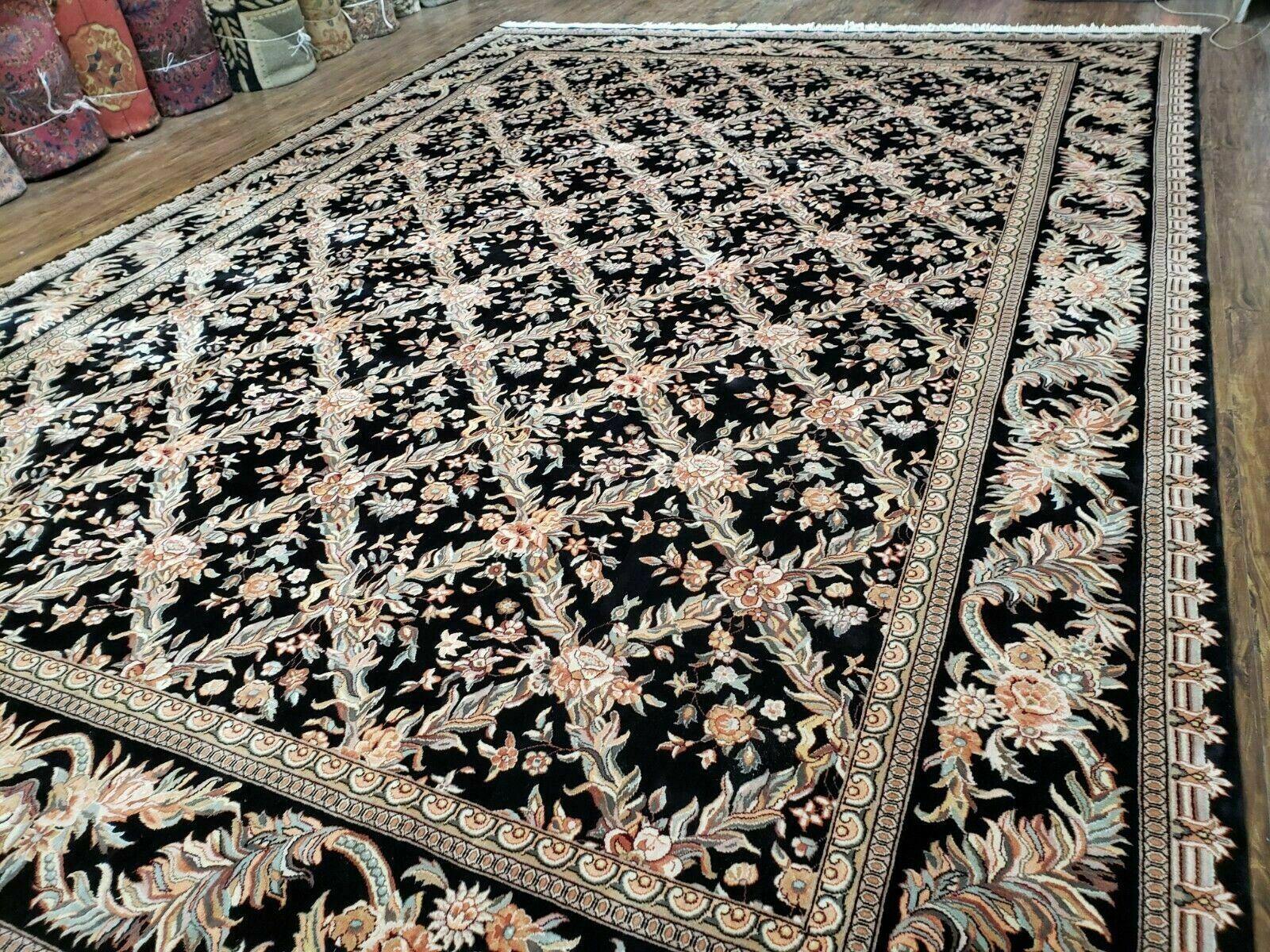 10' X 14' Handmade Fine Chinese Allover Floral Wool Rug Hand Knotted Black Nice - Jewel Rugs