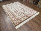 Vintage Pak Persian Area Rug 4x6 - 5x7, Wool w/ Silk Highlights Hand-Knotted, Ivory Allover Floral Pakistani Carpet, Foyer Room Entryway Rug - Jewel Rugs