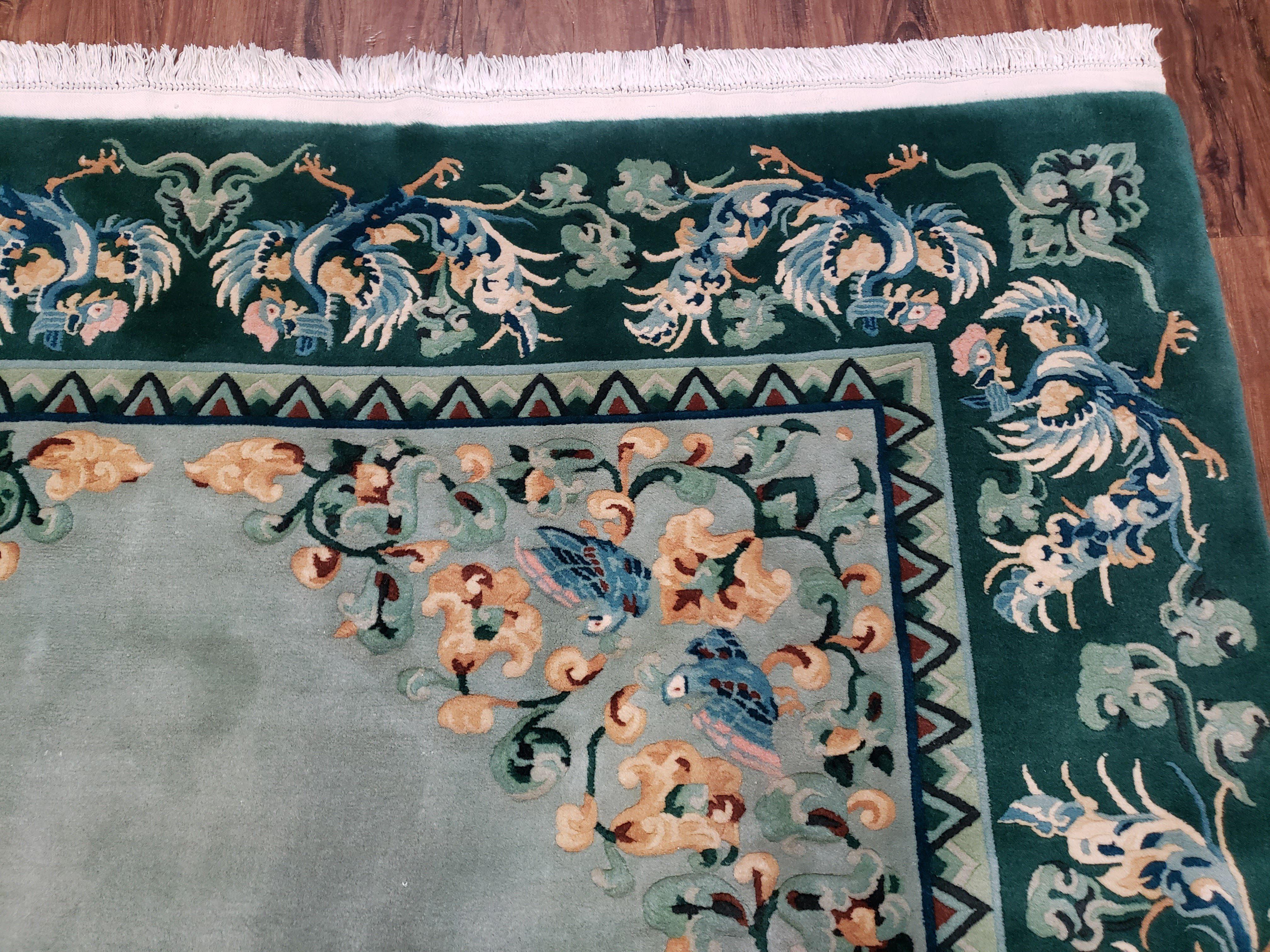 Vintage Light Teal & Green Chinese Art Deco Area Rug 6x9, Wool Hand-Knotted Carpet, 6 x 9 Nichols Rug, 1950s Birds Phoenix Rug, Pair A - Jewel Rugs