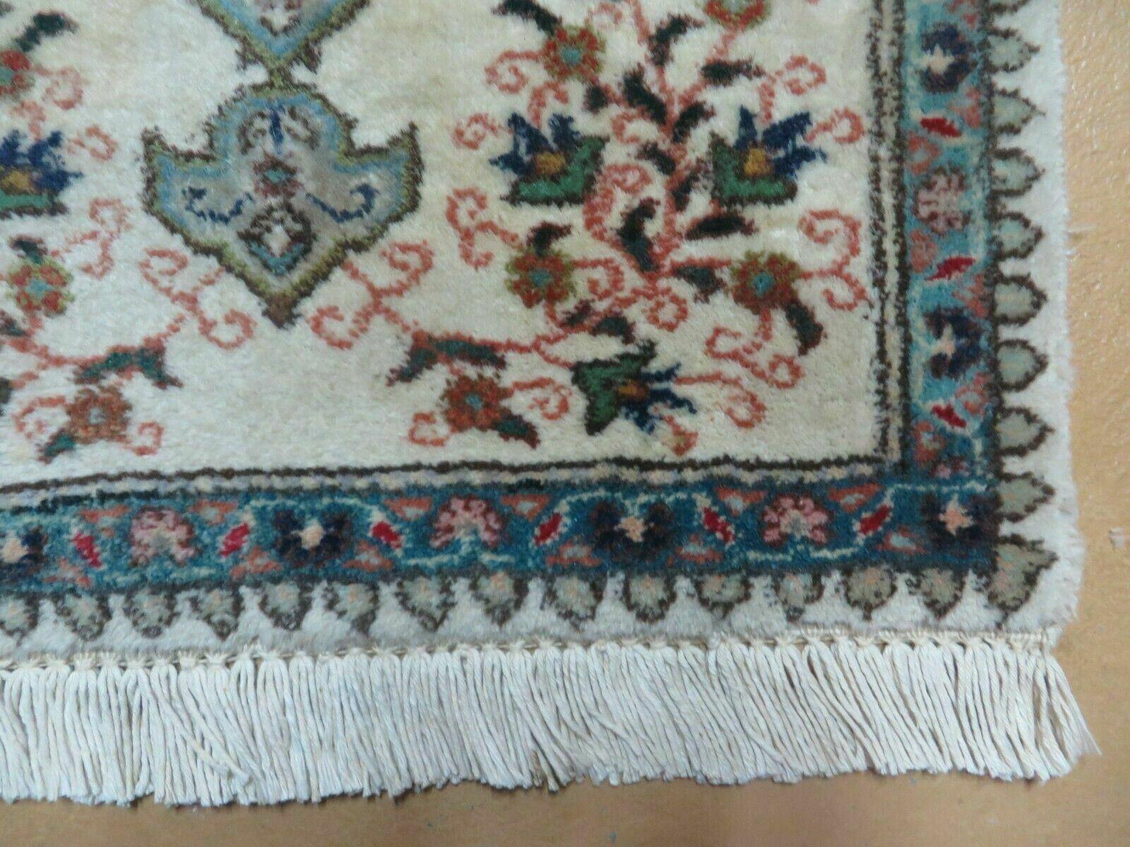 1' 9" X 2' 5" Handmade Indian Wool Rug Lahore Floral Design Small Oriental Rug Beige & Teal - Jewel Rugs