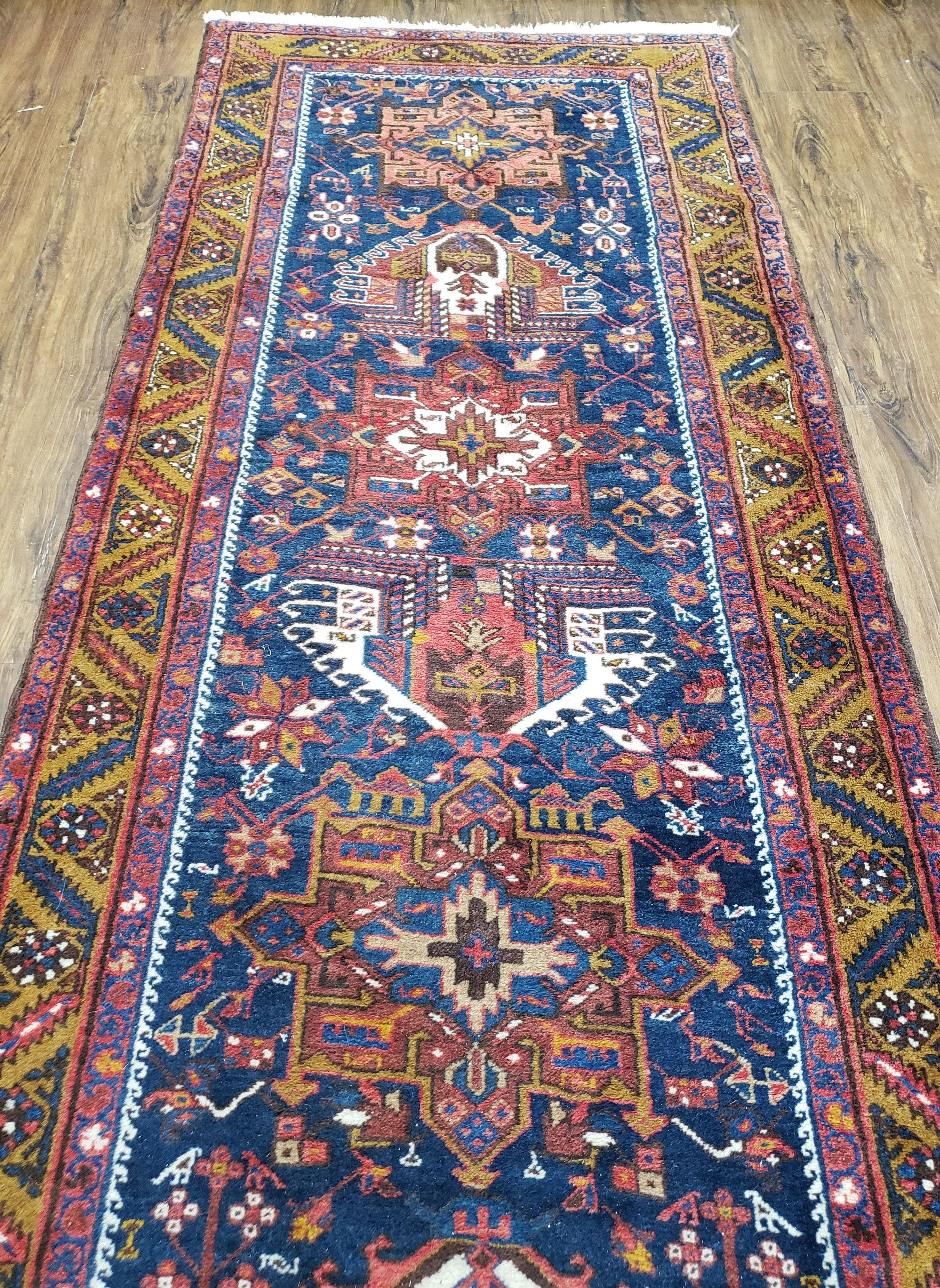 Antique Persian Karajeh Long Runner Rug, Dark Blue & Dark Orange, Hand-Knotted, Wool, 3'2" x 14'6" - Jewel Rugs